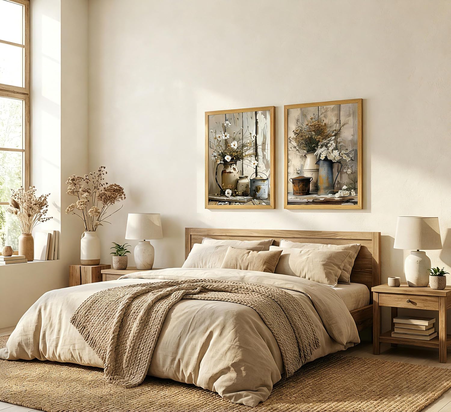 2Pcs Framed Rustic Farmhouse Daisy Canvas Wall Art Floral Still Life Painting Picture Wall Decor White Daisy Flower And Rust Color kettle Poster Print Artwork for Living Room Bathroom Home Decoration