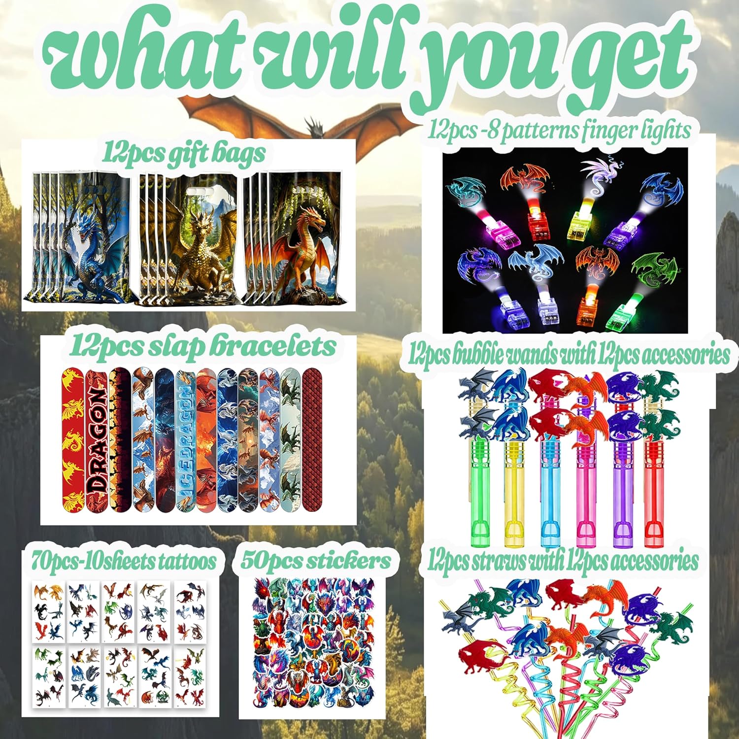 194PCS Dragon Party Set , Dragon Birthday Party Decorations with 12 Gift Bags, Bubble Wands, Straws, Slap Bracelets, Finger Lights, Temporary Tattoos, Stickers, Dragon Party Supplies