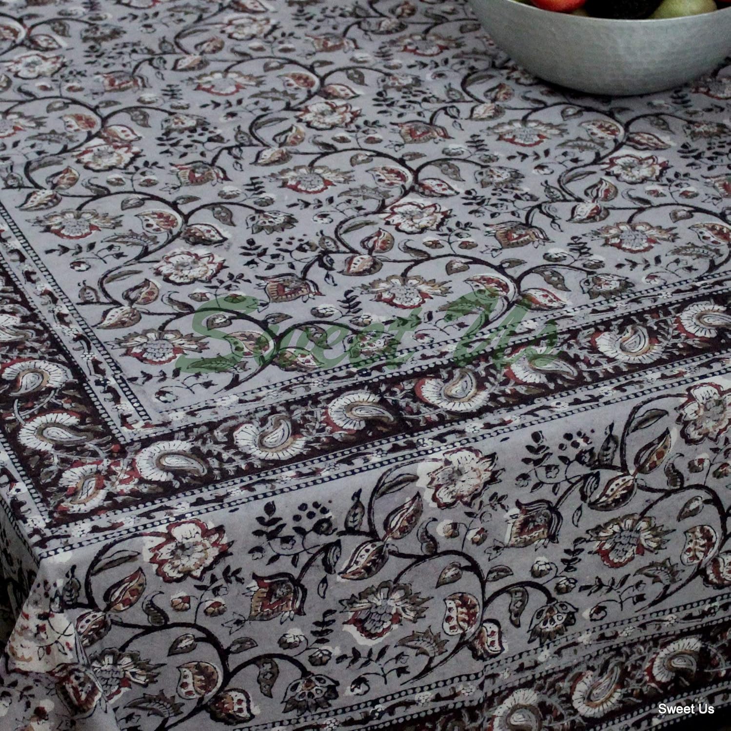 Homestead Block Print Floral Cotton Tablecloth 90" x 60" Gray