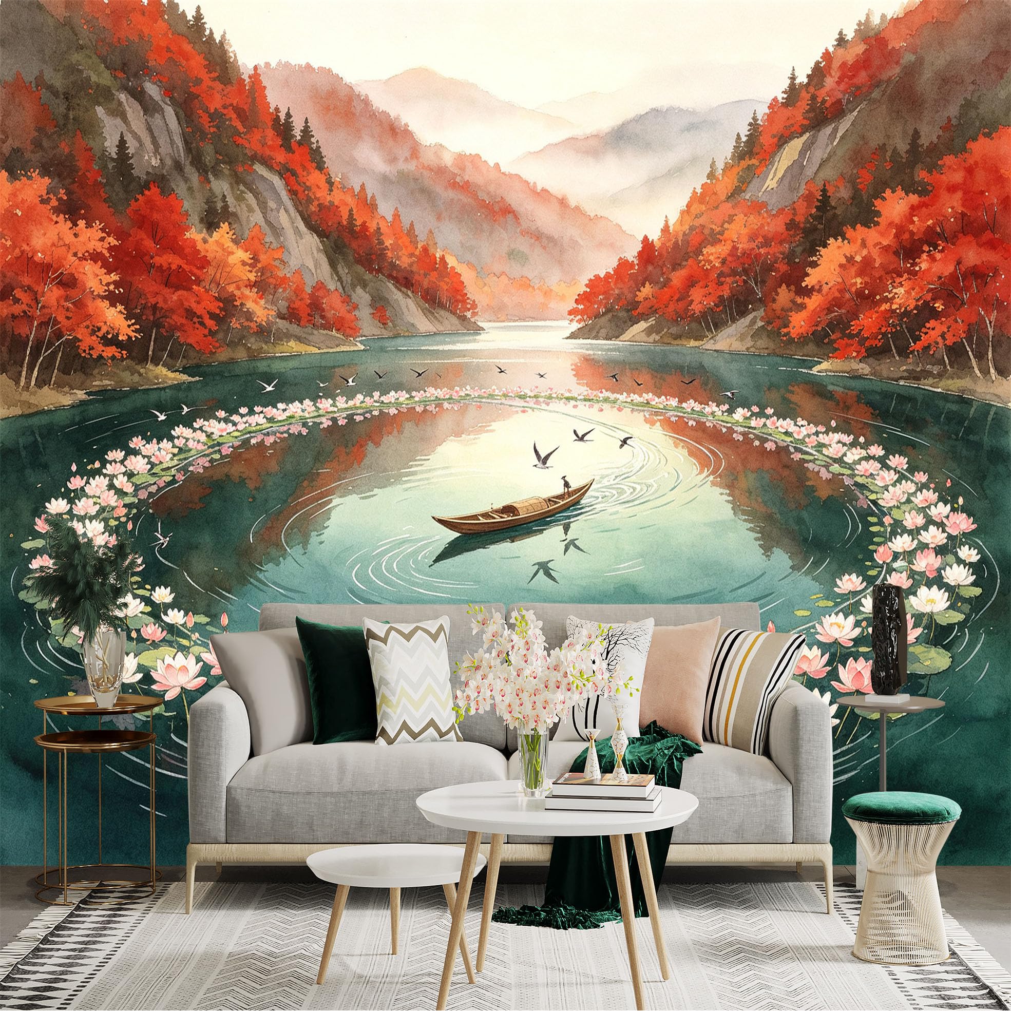 Custom Size Wall Sticker Mural， Watercolor Autumn Lake with Blooming Lotus Flowers， Small Boat and Birds， for wall Decoration， peelandstick wall Decals.
