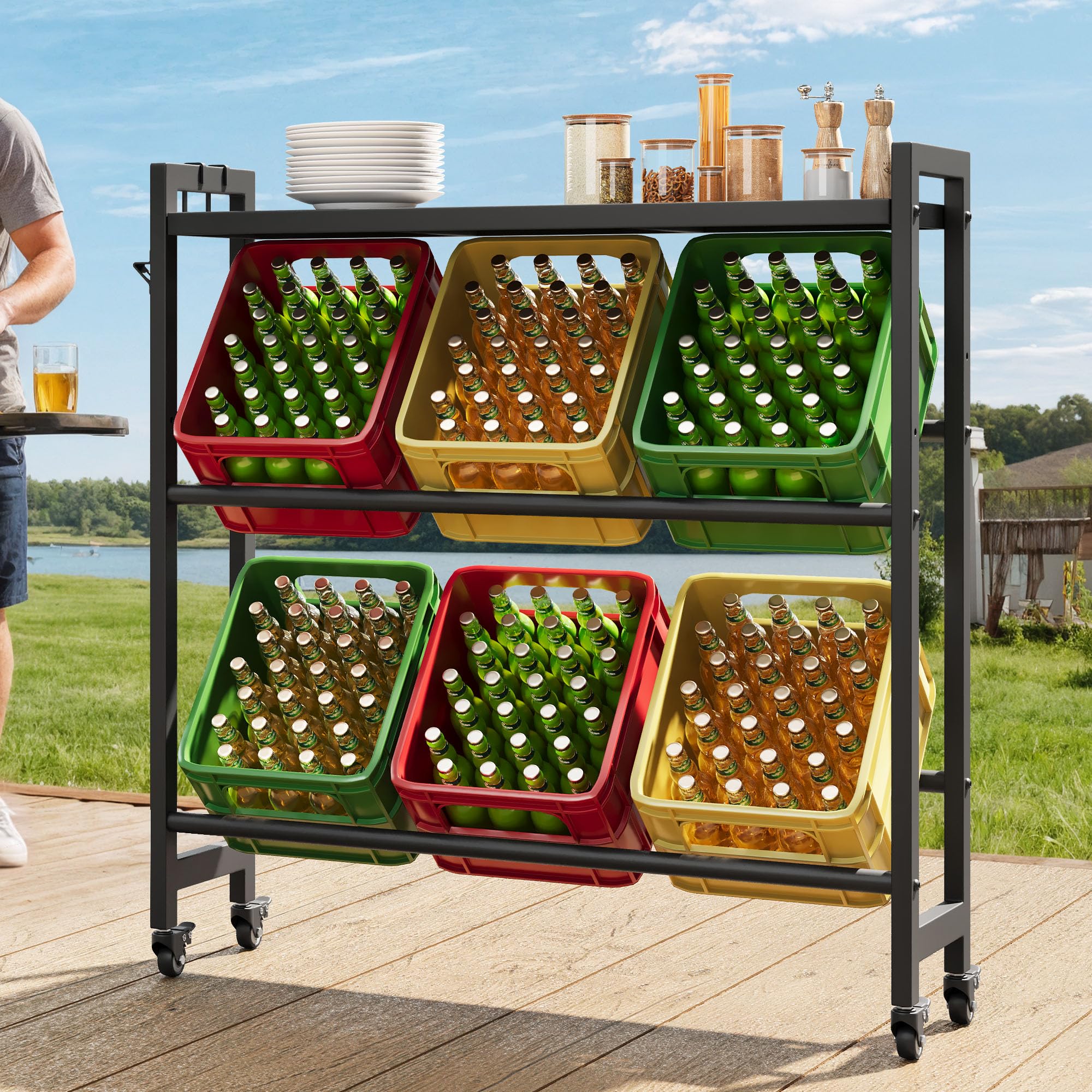 YITAHOME getränkekistenregal mit ablage 6 kisten, getränkekistenregal rollen, verstellbaren füße, Öffner, Haken, Metall regal getränkekisten für Bier, Obst, Gemüse, Wasser, getränkeregal kisten regal