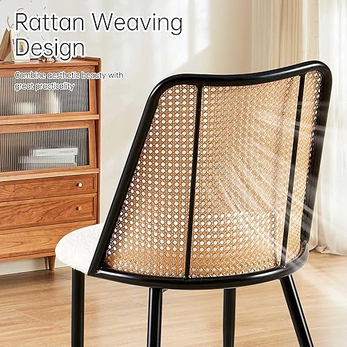 Miniatura 3 de NORDICANA Juego de 4 sillas de cocina y comedor, sillas modernas sin brazos con respaldo de ratán, asiento tapizado beige boucle, patas de metal