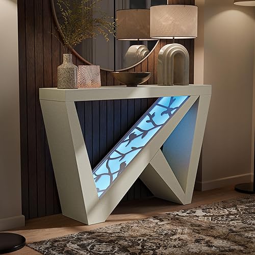 Homes Inside + Out Naomi - Moderna mesa consola decorativa LED con patas en forma de W y control remoto, muebles de entrada de madera para sala de