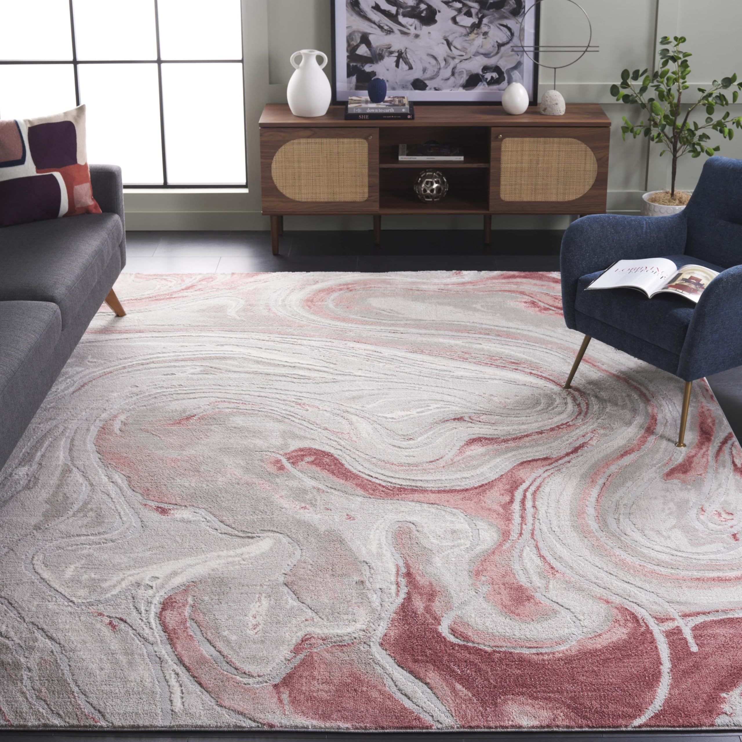 SAFAVIEH Area Rug 8x10 - Meadow Collection - Large - Grey & Pink, Geometric Design, Non-Shedding & Easy Cleaning, Ideal for Living Room, Bedroom,