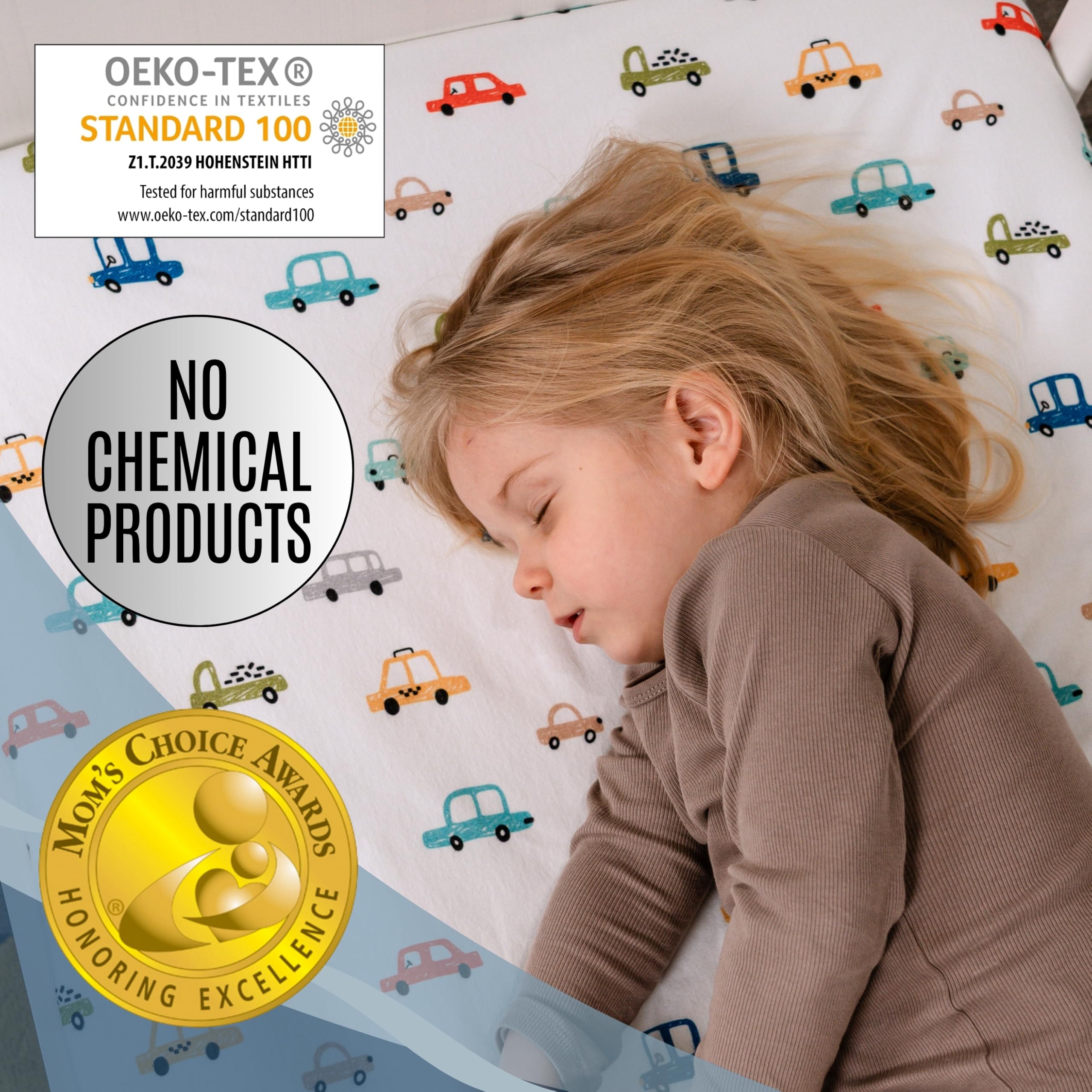 Bisoo, Set de 2 Sabanas Cuna 60x120 - Protector Colchon Cuna 60 x 120 con Esquinas Impermeables - Bajeras Algodon Jersey Impermeables, Certificado OekoTex, Set: Letras + Coches 120x60 cm