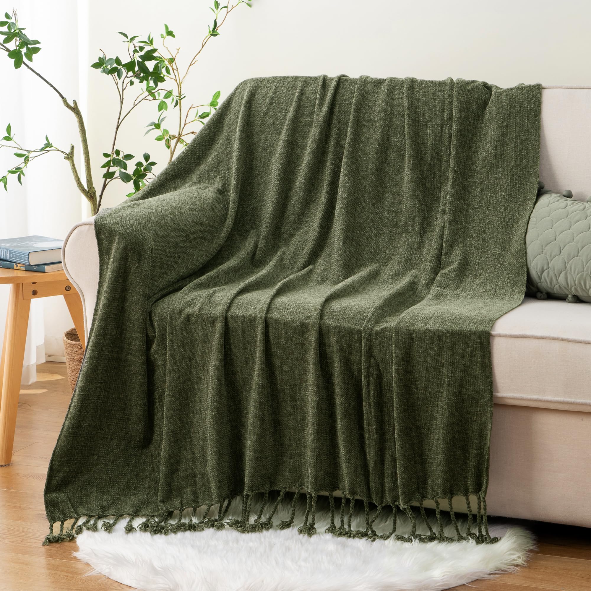 BATTILO HOME Olive Green Throw Blanket for Couch Bed Sofa, Soft Cozy Chenille Throw Blanket with Fringe Tassels, Lightweight Knit Throw Blanket for