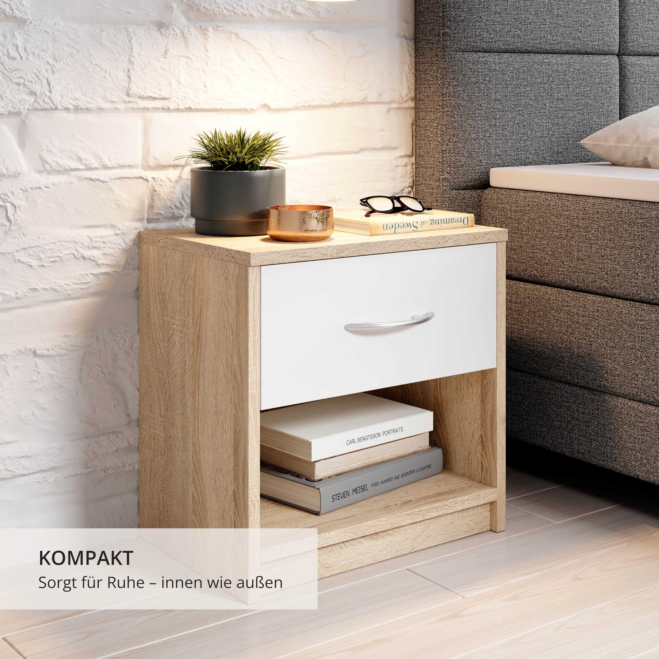 Stella Trading PEPE Table De Chevet, Aspect Chêne Sonoma, Blanc, Table De Nuit Sobre Avec 1 Tiroir, Convient Pour Tout Lit Et Toute Chambre, 39 x 41 x 28 cm (L/H/P)