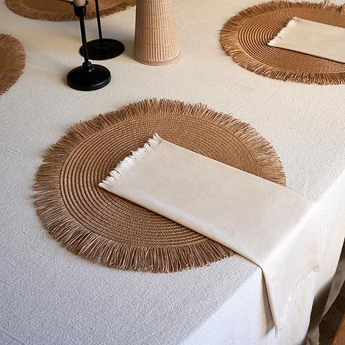 Miniatura 8 de Hermoso juego de 6 manteles individuales y servilletas bohemios  Hecho a mano de algodón tejido de arpillera y paja decoración de mesa para comedor,