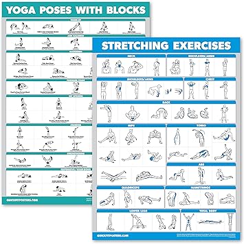 2 Pack - Yoga Block Poses + Stretching Exercise Poster Set - Yoga ...