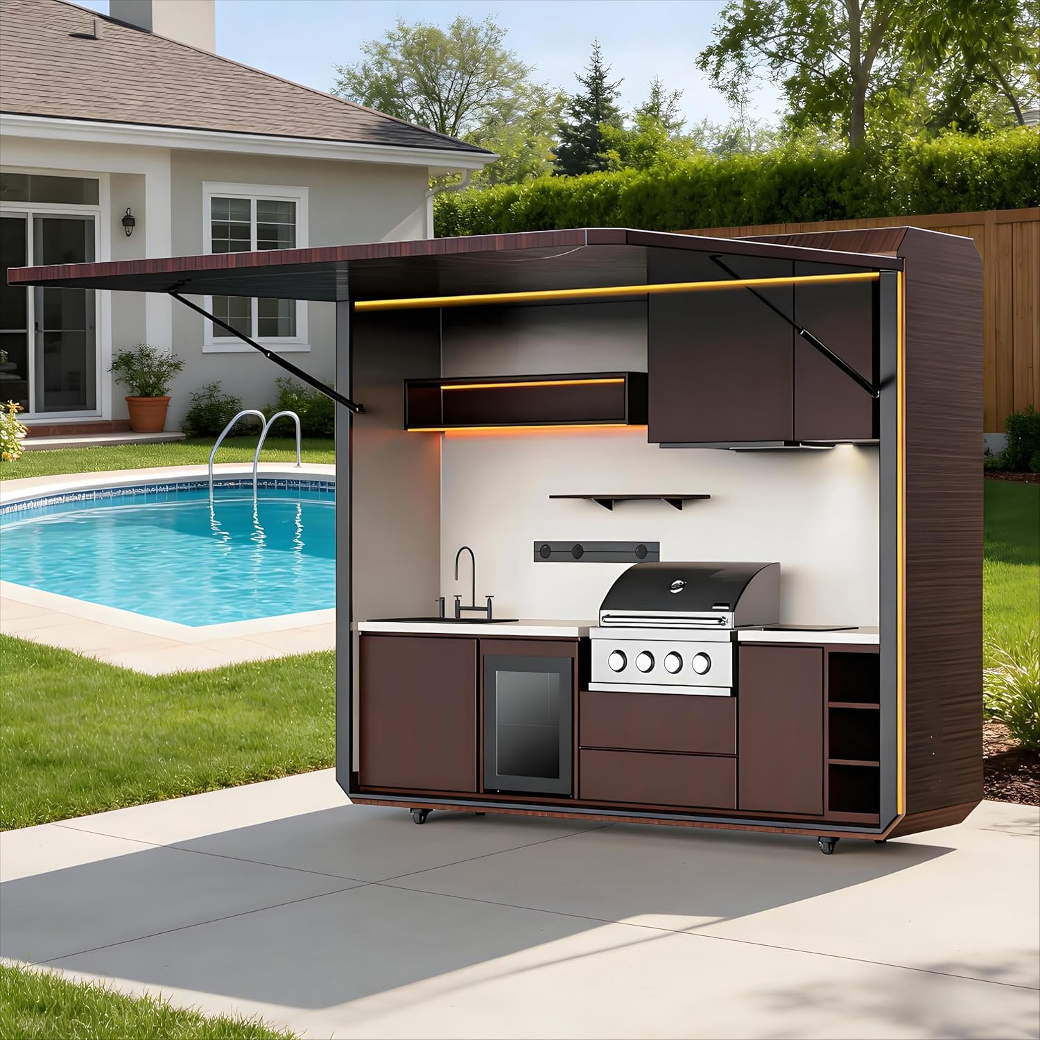 Poolside Outdoor Kitchen Island Modular Stainless Steel BBQ Grill Station for Backyard Patio, Heavy Duty Weatherproof Outdoor Cooking Island with Sink Wine Storage for Upscale Home Entertaining