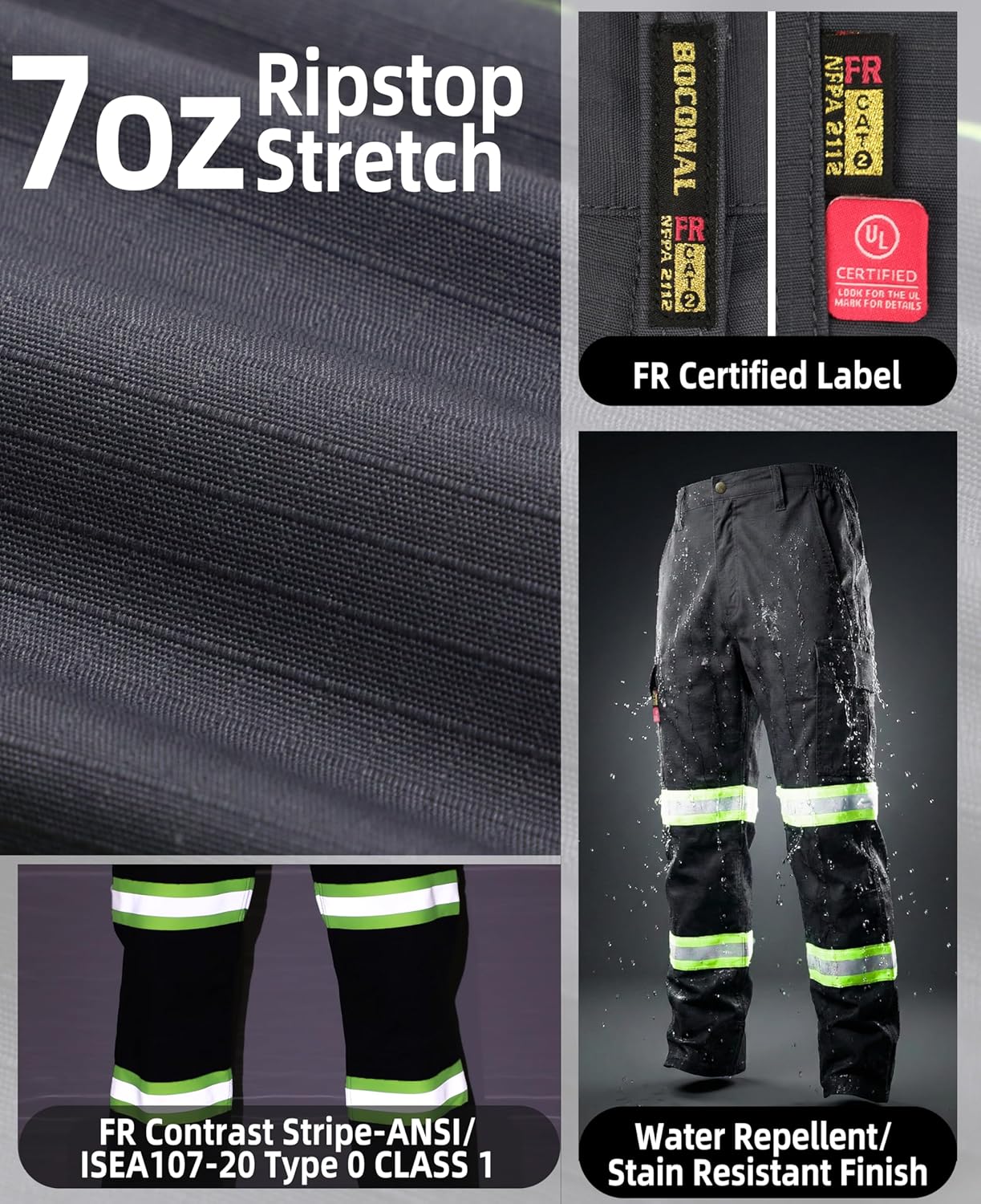 BOCOMAL Men's FR Pants Reflective High Visibility Cargo Pockets Relaxed Fit 7oz Lightweight Ripstop Flame Resistant Work Pant