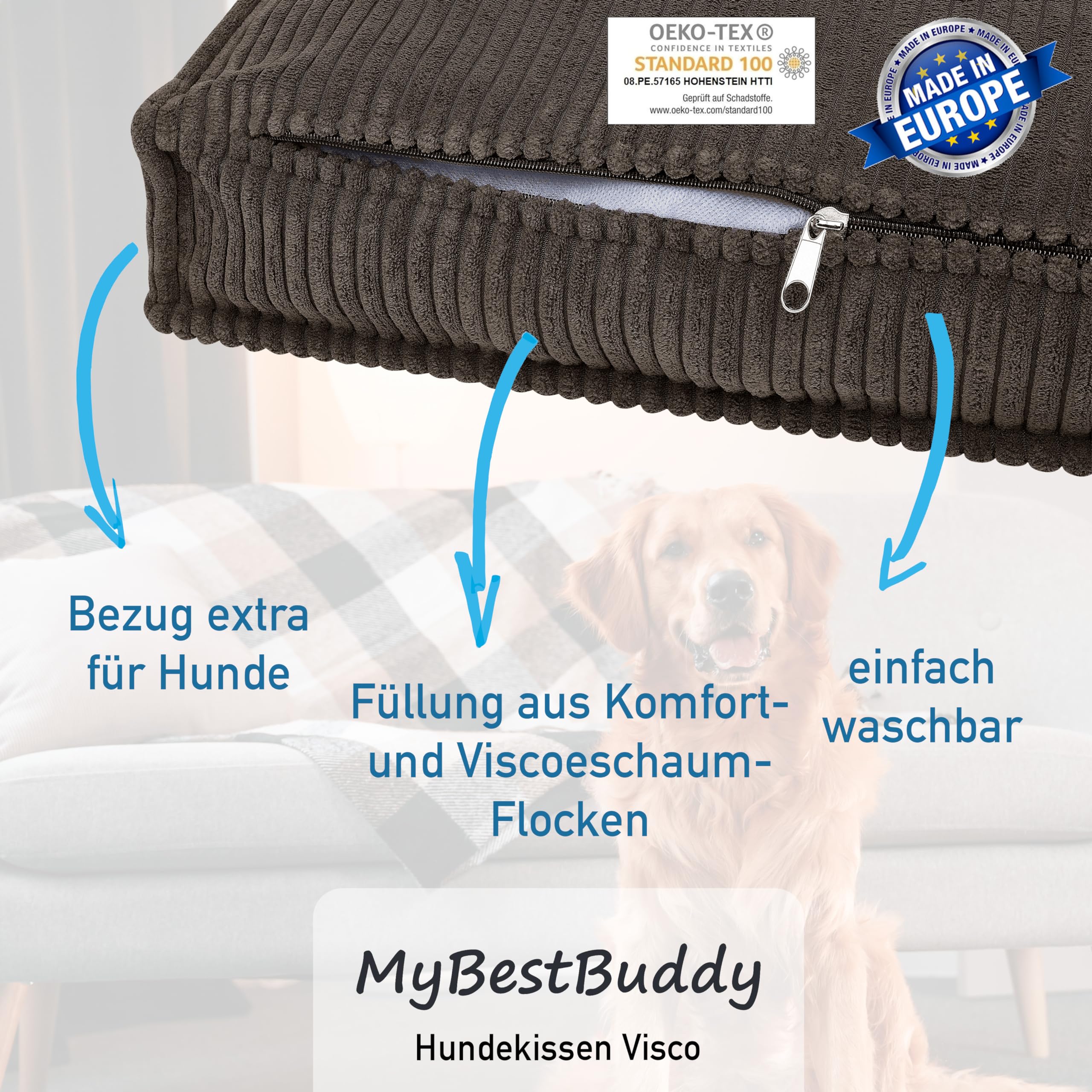 Cojín para perros viscoso marrón 90 x 70 cm, relleno de copos de espuma viscoelástica y confort, lavable a 40 °C, con funda mullida, alfombrilla para perros, cama para perros grandes, XL