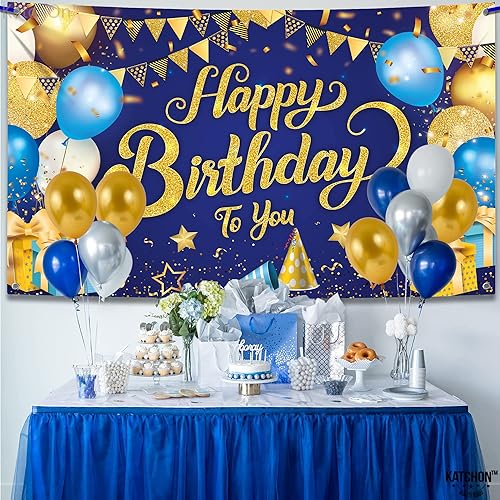 Miniatura 8 de KatchOn, Pancarta extragrande de feliz cumpleaños azul y dorado, 72 x 44 pulgadas, telón de fondo azul y dorado para decoraciones de feliz