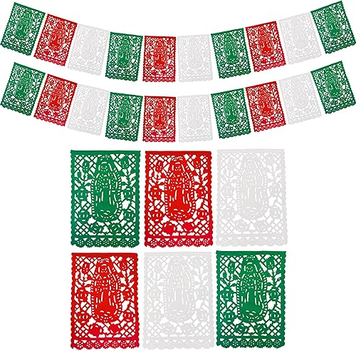 Decoraciones de fiesta mexicana con Virgen de Guadalupe, pancartas religiosas de papel picado con virgen de Guadalupe, colores de la bandera