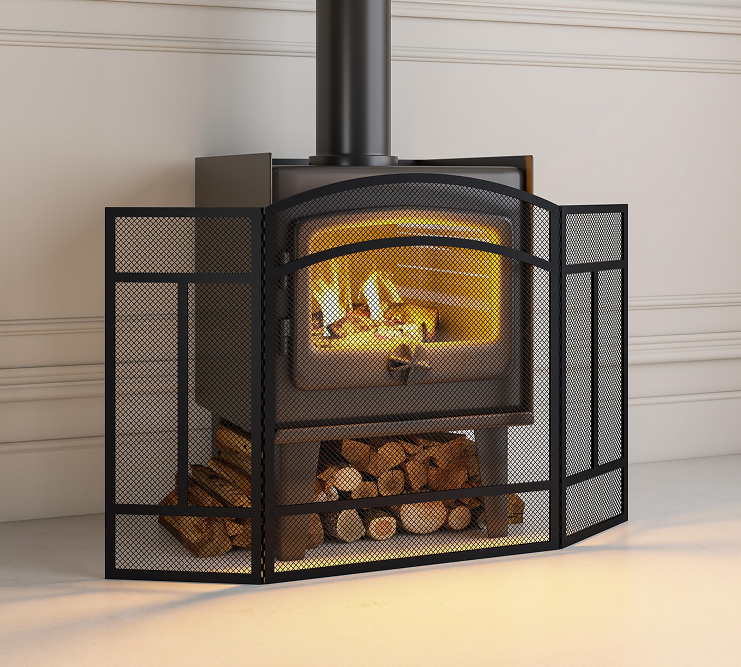 Pare-étincelles 3 panneaux 96,5 cm x 61 cm écran cheminée sans couture revêtement poudre noire