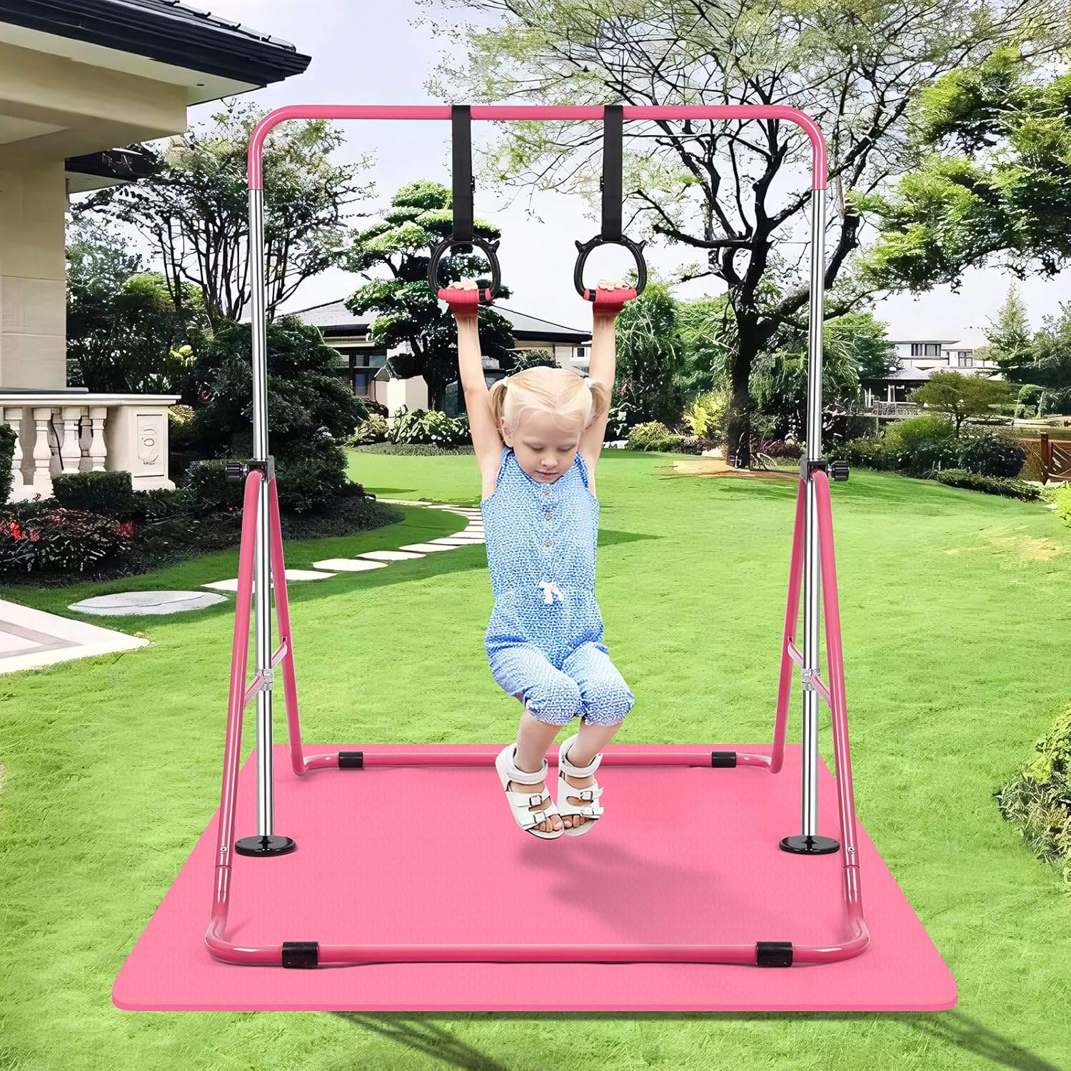 Expandable Gymnastics Bars with Ring, Adjustable Height Gymnastic Horizontal Bars, Gym Junior Training Bar Children Folding Training Monkey Bars for Kids