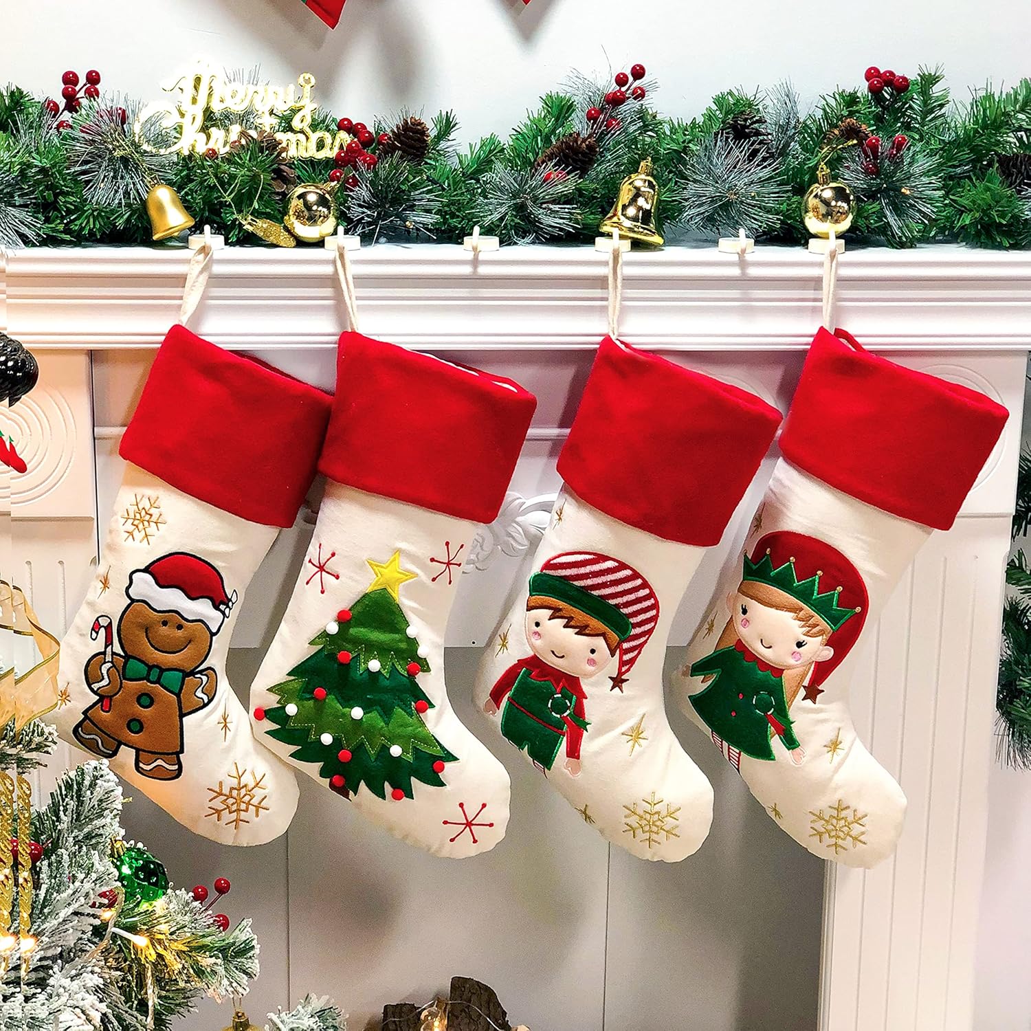 Hopearl 19'' Christmas Stockings Kit 4 Pcs Xmas Stocking Boy Girl Gingerbread Man Rustic Flax Socks Holders Ornament Gift Bags for Family Xmas Tree Party Supplies