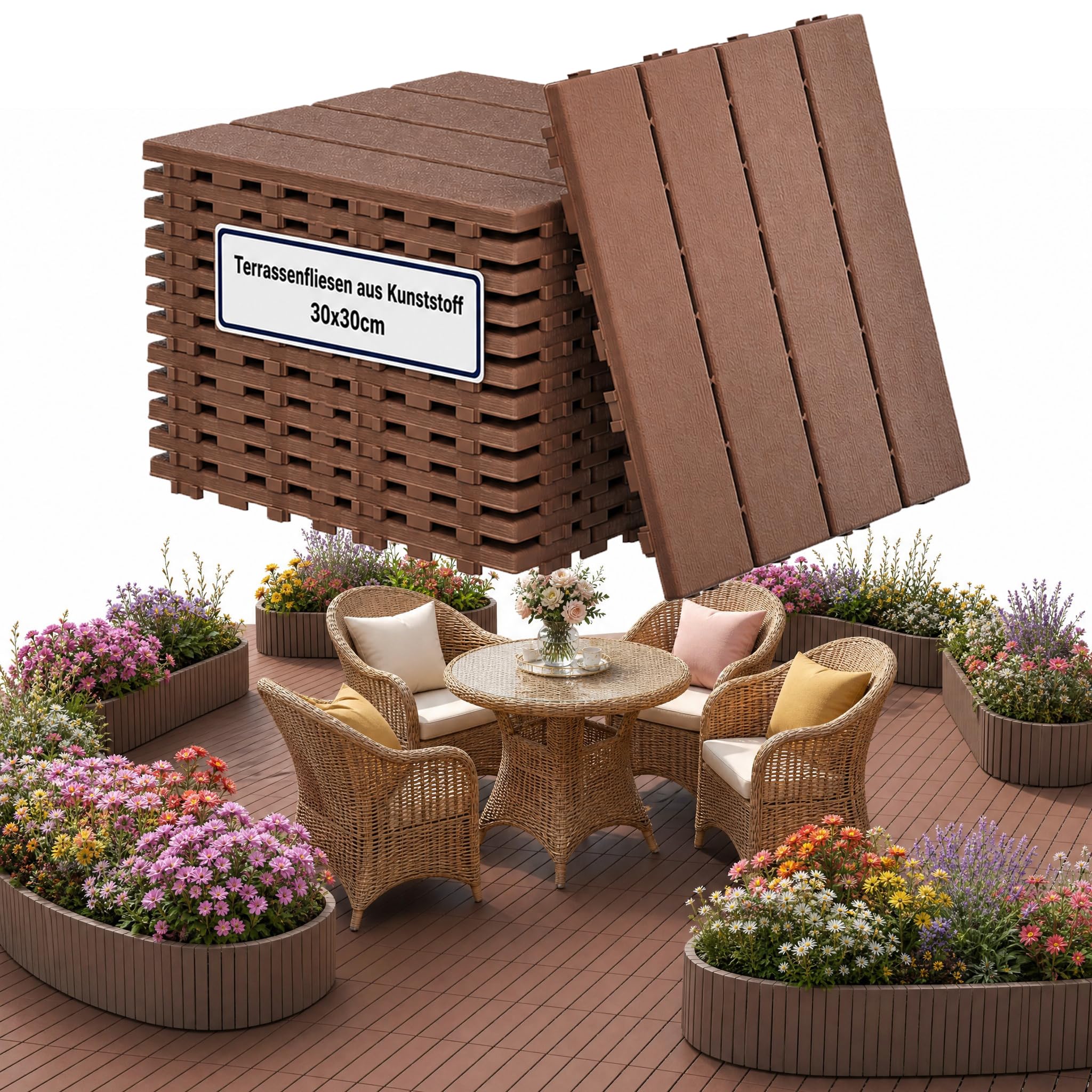 Außenklickböden 30x30cm Braunrot Holzoptik für Terrasse 4 m² | Strukturierte rutschhemmende Oberfläche schmutzabweisend leicht abwischbar mit feuchtem Lappen geringer Pflegeaufwand