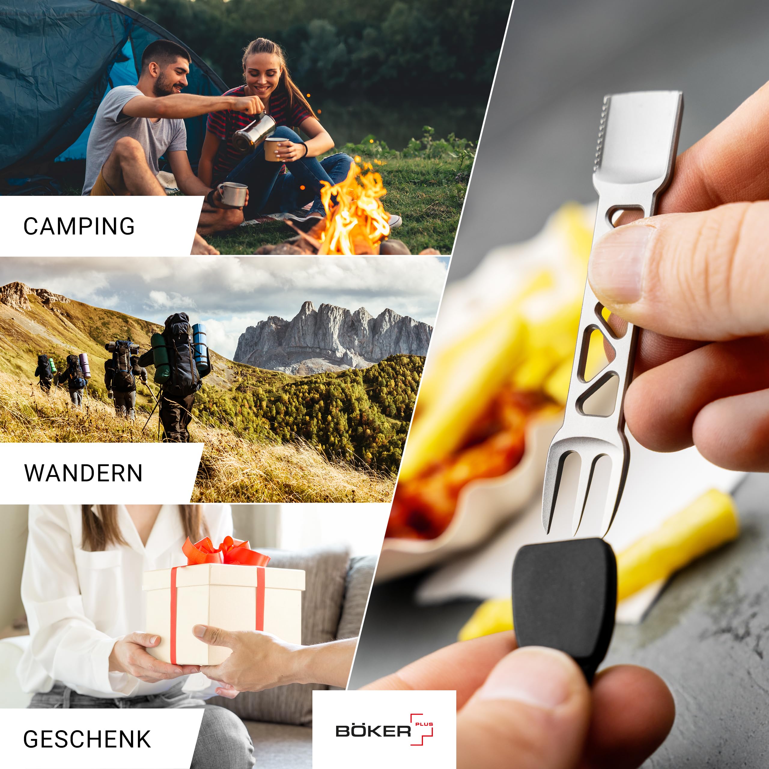 BÖKER PLUS® Metalbite - 3 in 1 Mini Camping Besteck Schlüsselanhänger - Multifunktion EDC Besteck mit Gabel, Löffel & Messer - Skelett Prybar mit Schaber - Pommes-Gabel & Pieker für unterwegs