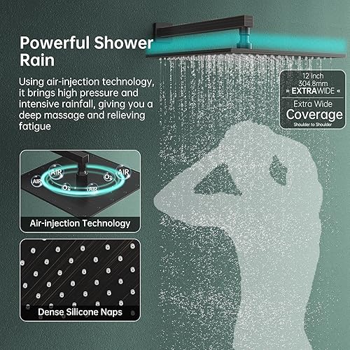 Miniatura 4 de Hoimpro Juego de sistema de ducha de bronce con cabezal de ducha de lluvia de baño de 12 pulgadas y montaje en pared de mano, combo de grifo de