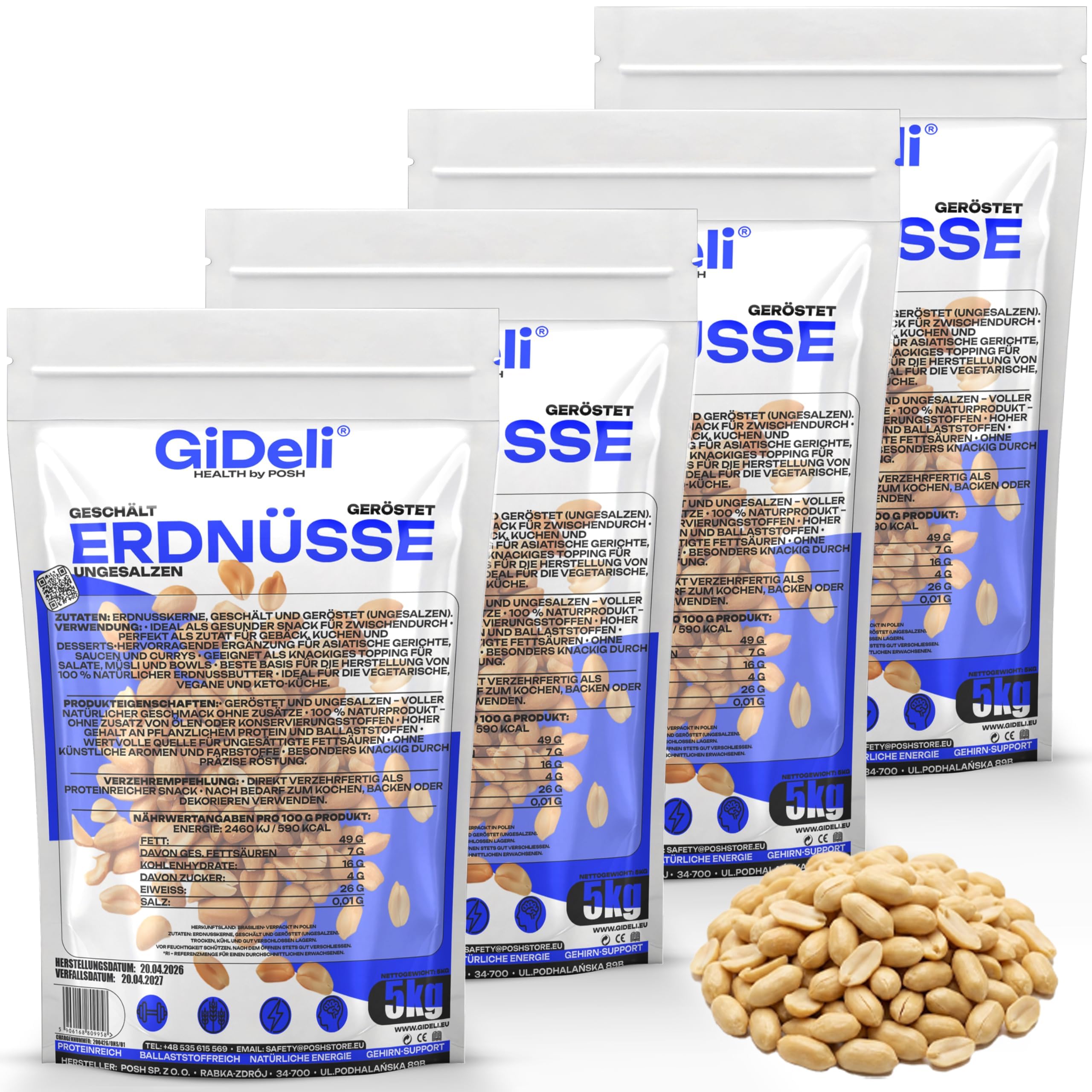 GiDeli Cacahuètes Non Salées Grillées à Sec 4 x 5 kg - Sans Huile, Nature