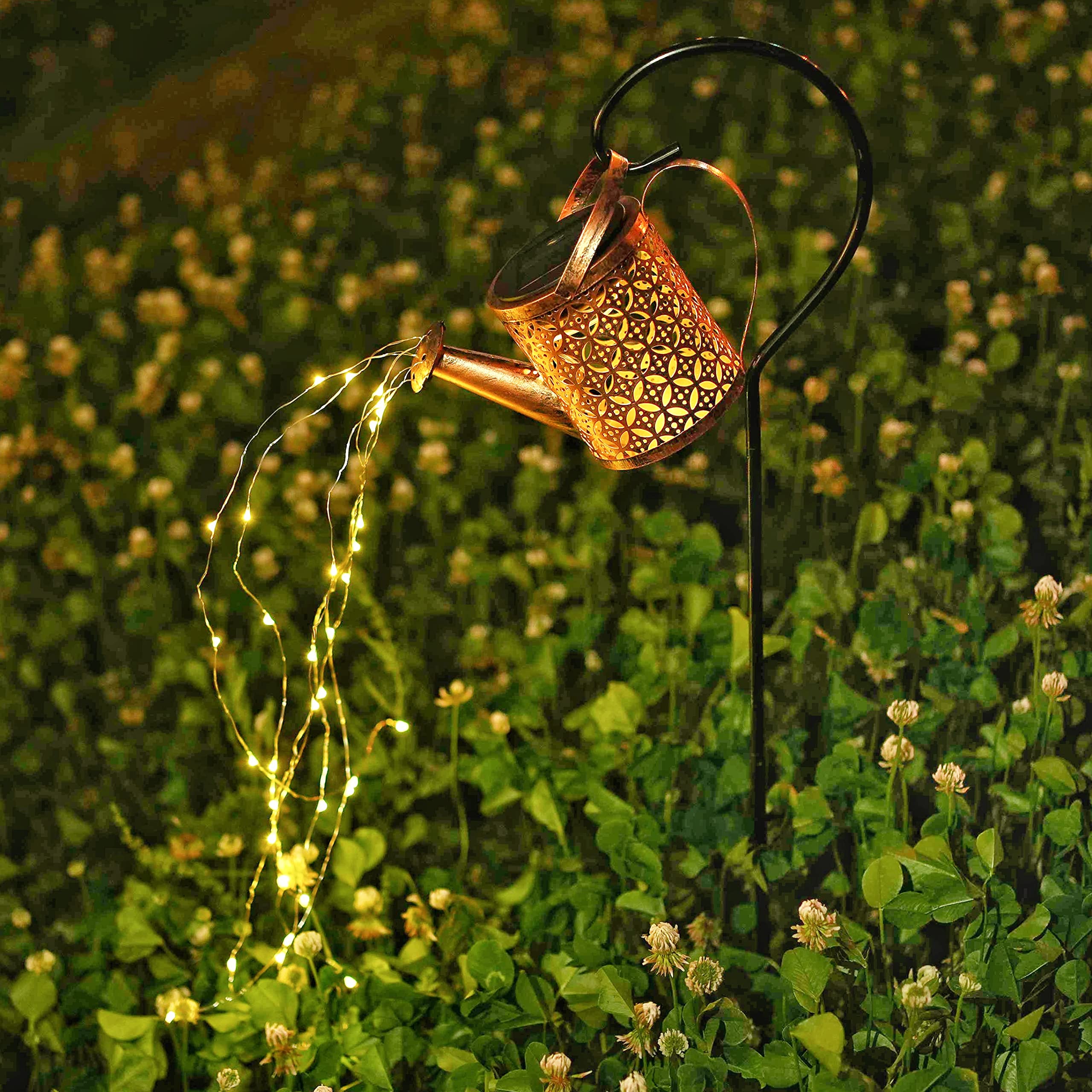 Solar Outdoor Decorative Light Waterproof, Watering Can with Lights Solar Waterfall Lights with 36 LED Lights Retro Hollow Pattern Decorative Fairy Lights for Garden Patio Yard Pathway Walkway Path