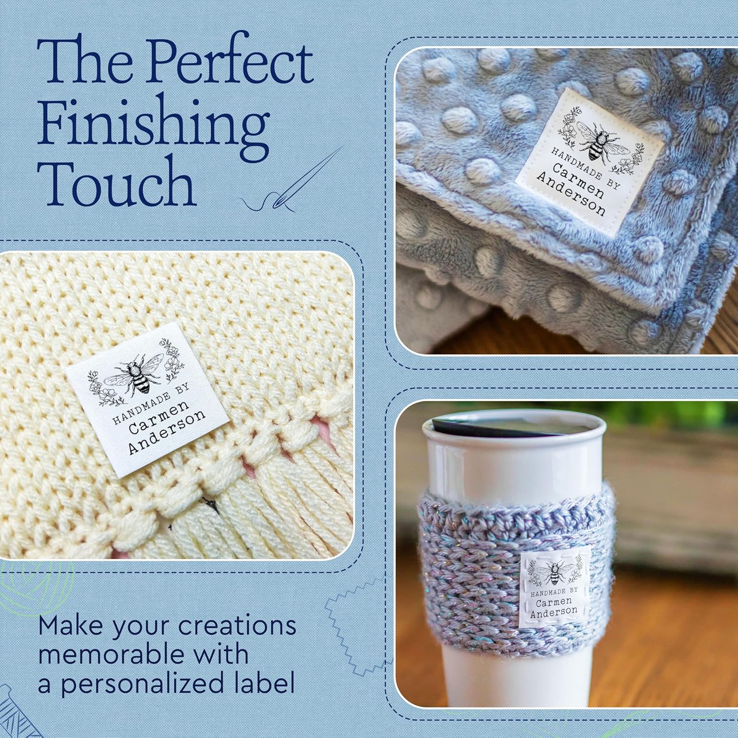 Cotton Personalized Fabric Tags 1.5”x1.5” Each | Custom Sewing Labels, Set of 35 Labels – Sew On or Iron On – Gift for Quilters, Knitters, mom – Machine Washable Quilt Tags - Floral bee Design