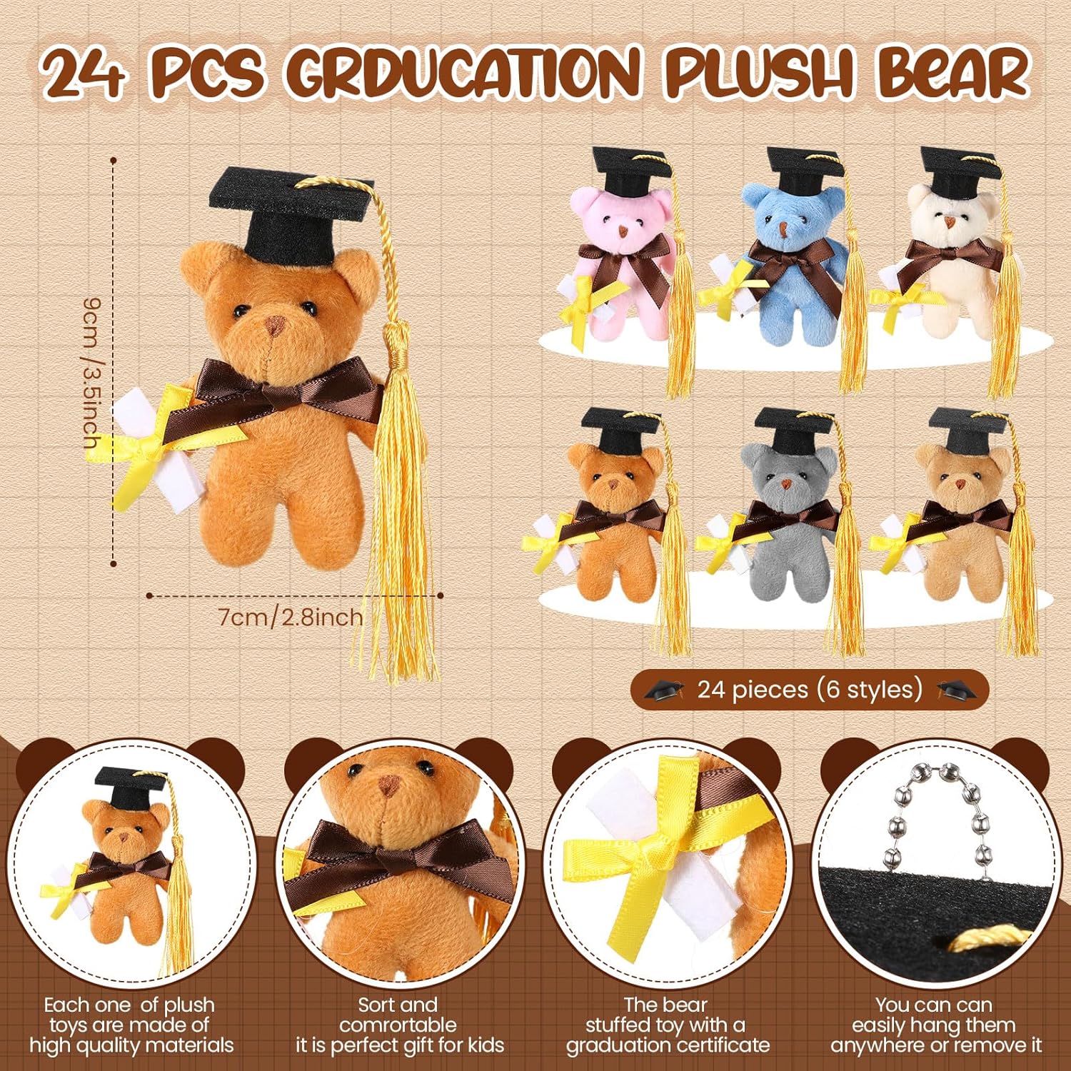 24 Set Mini Graduation Plush Bear with Graduation Gifts Box Graduate Stuffed Animal Keychain with Cap Gift Set for 2026 Graduations Party Graduations Decoration Classroom Exchange Gift