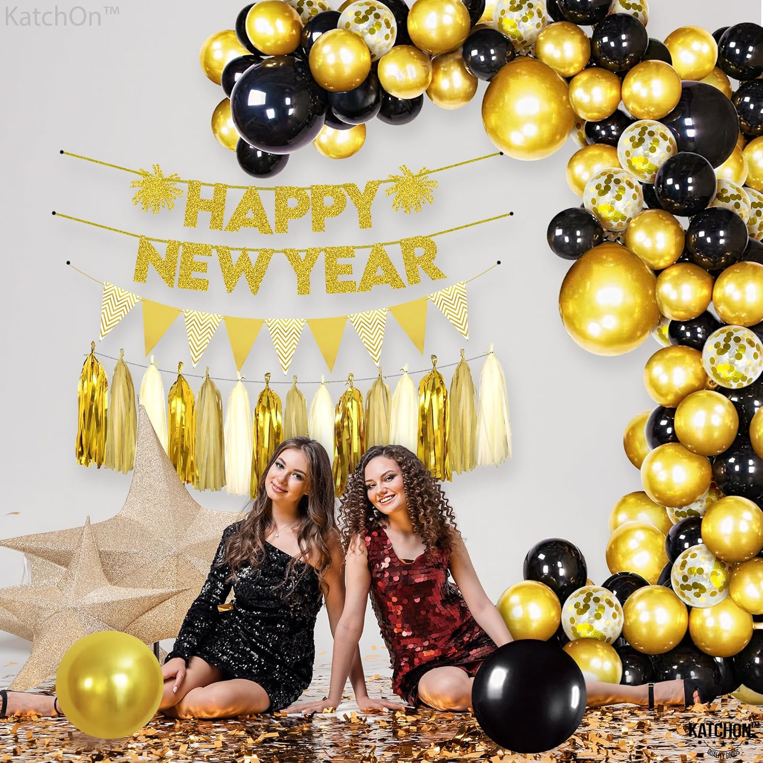 KatchOn, New Year Photo Booth Frame | New Year Balloon Garland Kit | Inflatable New Years Photo Booth Props 2024 | Black and Gold New Years Eve Balloons | Happy New Year Banner | NYE Decorations 2024