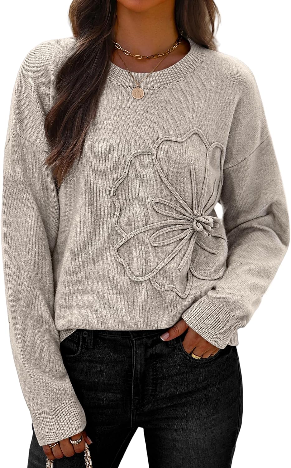 IWD 3D Floral Sweaters for Women Crew Neck Long Sleeve Pullover Sweater Cozy Knit Tops 2026