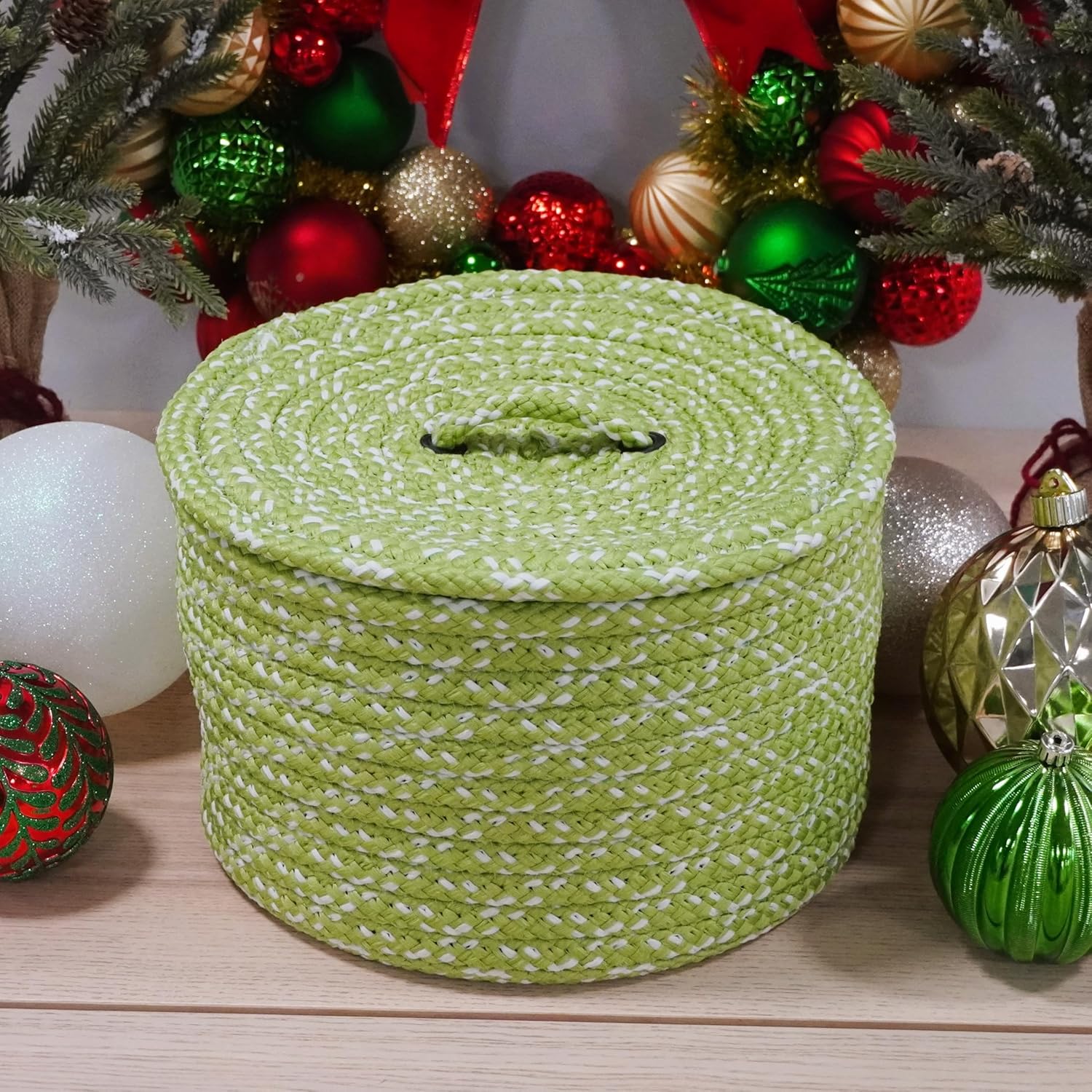 Sneaky Santa Lidded Crock Basket - Green 10”x10”x6”