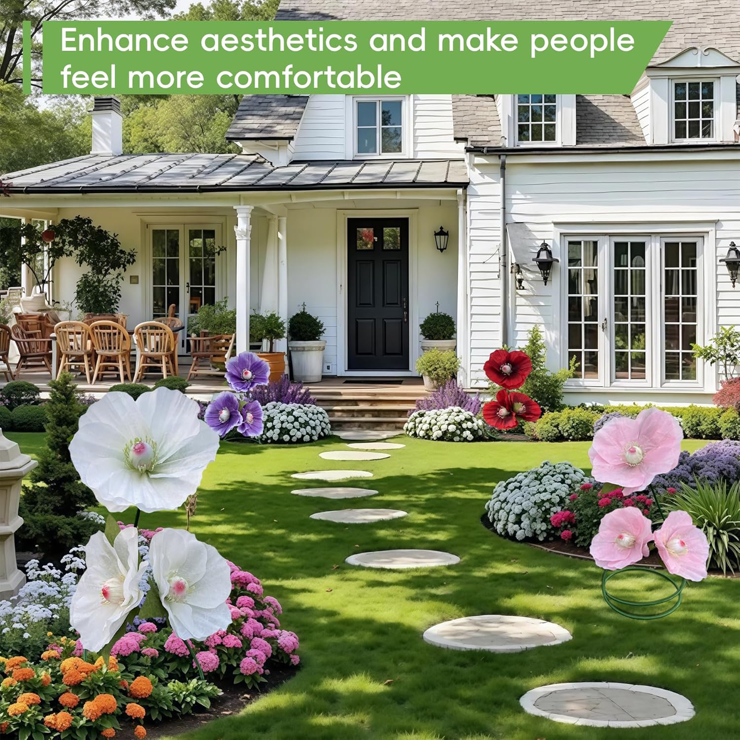 Giant White Poppy Artificial Flowers - 3 Pack Realistic Large Faux Flowers for Home Decor, Indoor Outdoor Garden, Wedding, Party Decoration with Adjustable Stand (Durable & Easy Maintenance)