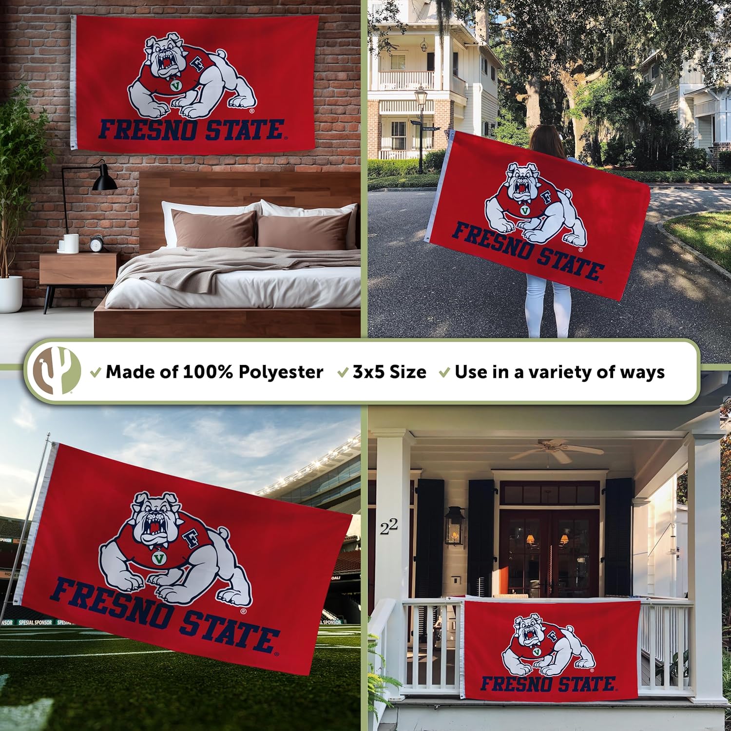 Desert Cactus California State University Fresno CSUF Flag - 3 x 5 Feet Bulldogs Banner, Indoor/Outdoor Durable Fabric, 100% Polyester Design (Red)
