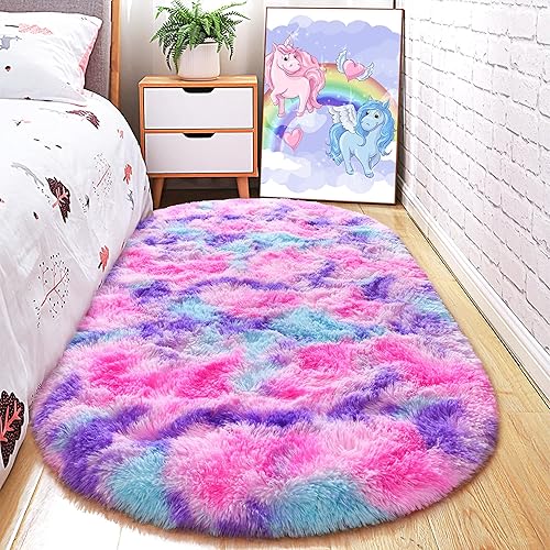 junovo Alfombra lanuda ultra suave y lavable, alfombra ovalada antideslizante para guardería, dormitorio de niños y decoración del hogar (2.6 x 5.3