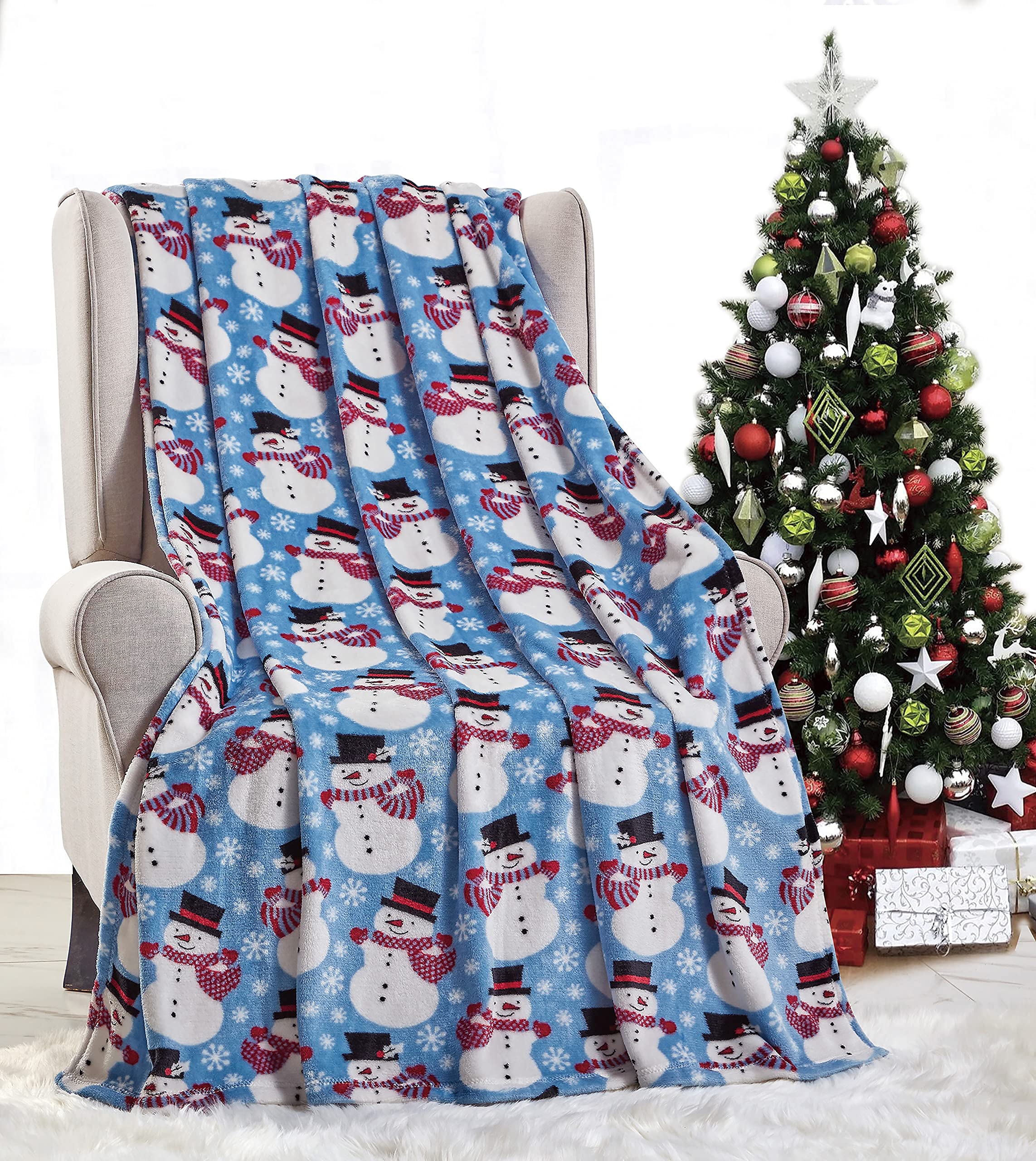 Happy Holidays Microplush Throw Blanket (50'' x 60'') - Blue Snowman Themed Throw Blanket