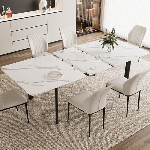 Miniatura 6 de Juego de mesa de comedor extensible para 6-8 personas, mesa de cocina MDF de 63 a 78.7 pulgadas con 6 sillas tapizadas, ahorro de espacio para Mesa