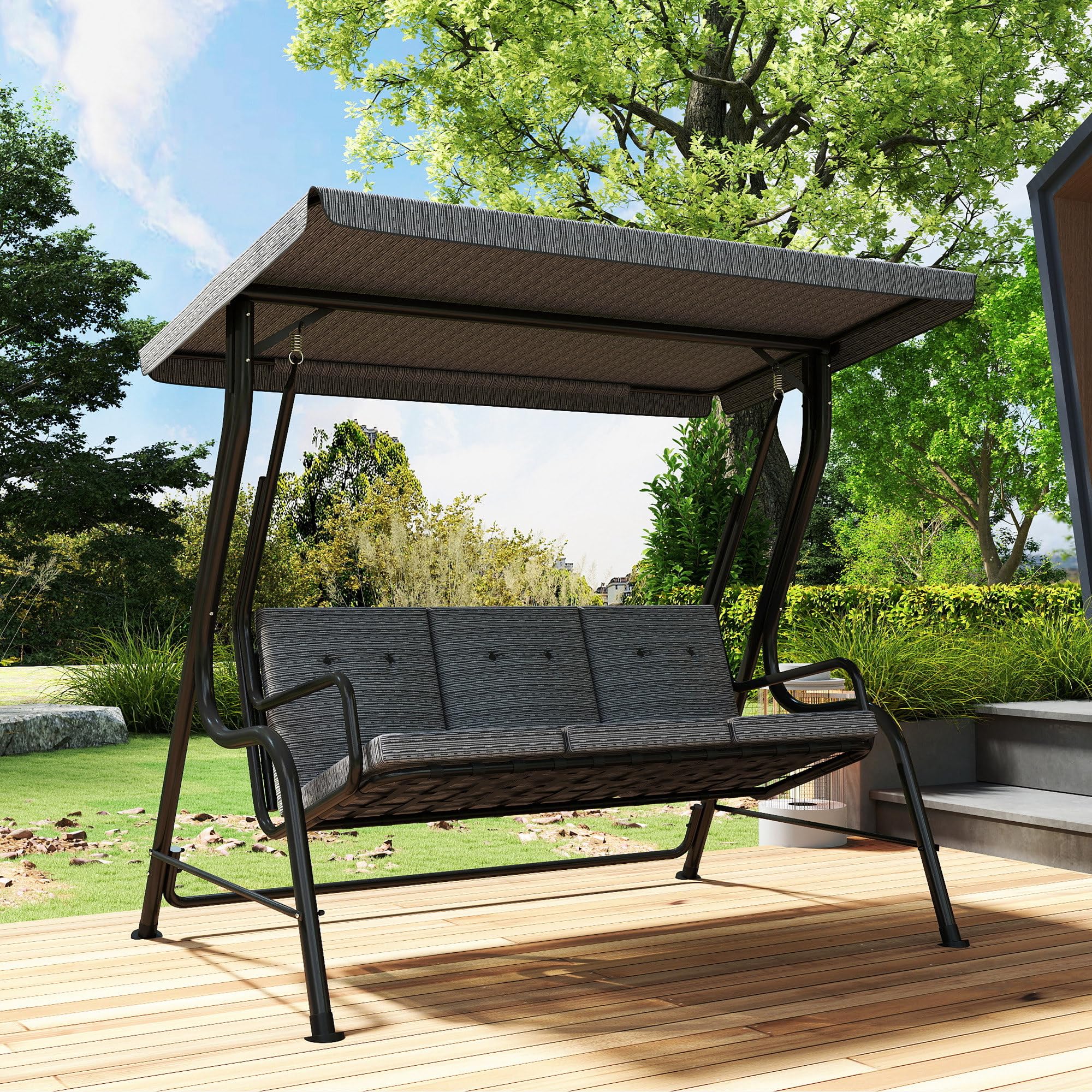 Outsunny Hollywoodschaukel 3-Sitzer Gartenschaukel 200 x 120 x 170 cm Grau | Verstellbares Sonnendach, Texteline