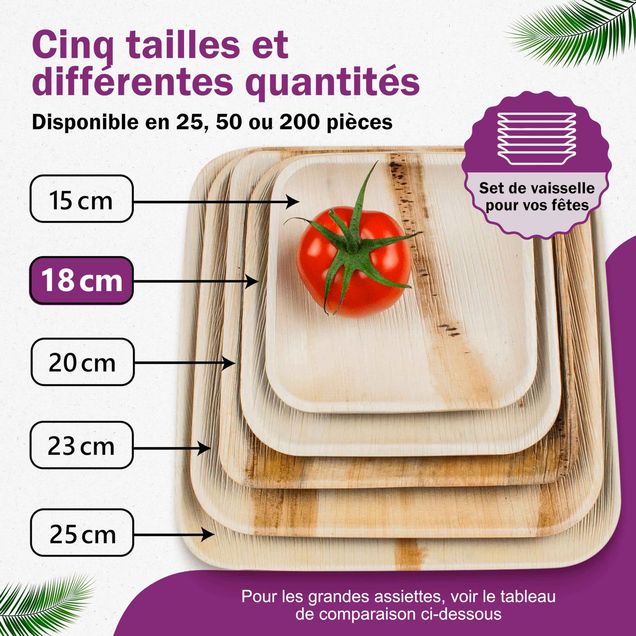 Assiette Jetable en Feuille de Palmier - 50 pcs. Carrées 18x18 cm - Vaisselle Naturelle et Élégante - Chic, Résistante et au Design Unique - semblable au Bambou et au Bois