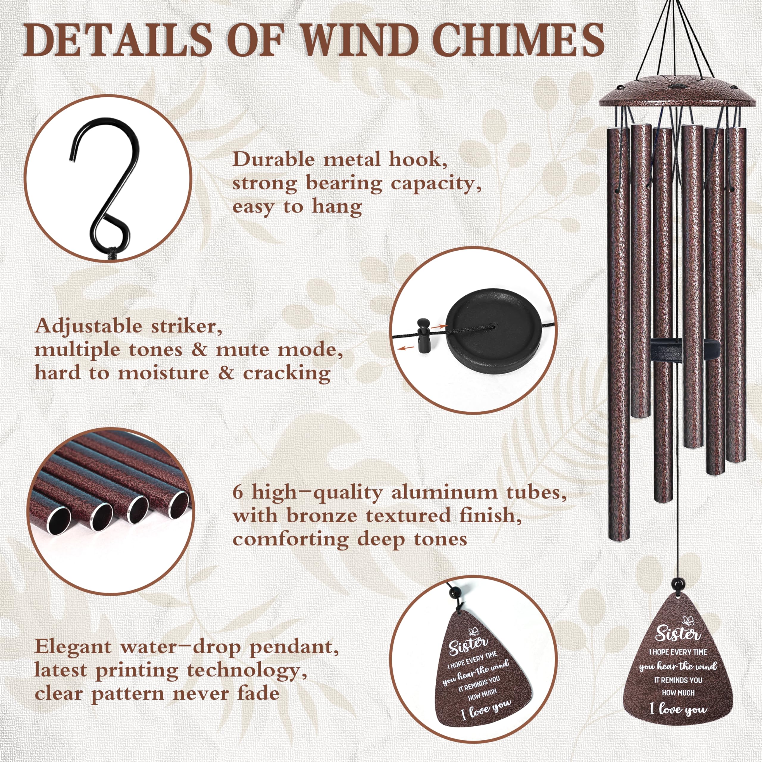 Sister Gifts, 32" Bronze Wind Chimes, Sister's Birthday Gifts from Sisters Brother, Sisters in Law Gift, Best Sister Ever Gift for Women Birthday Christmas Mother's Day, Home Decor 4