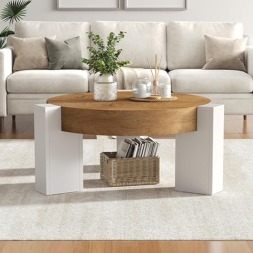 Miniatura 9 de Round Coffee Table, Heavy Duty Center Tables with Annual Ring Pattern, Farmhouse 31.5" Wooden Coffee Table and 3.1" Thick Desktop, Circular Side