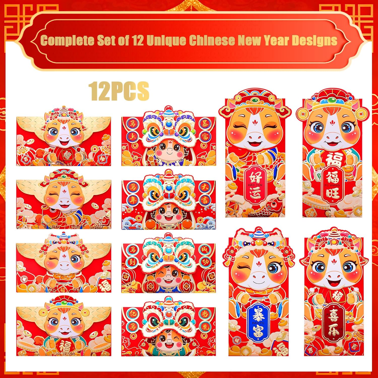 AIERSA Chinese Red Envelope for Money Gift, 2026 Year of the Horse Hongbao 12PCS with Gold Glitter, Lunar New Year & Chinese New Year Lucky Money Ampao Envelopes - Image 2