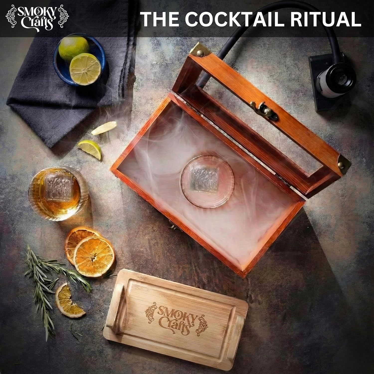 Old Fashioned Smoker Kit - Whiskey Smoker Kit with Smoking Gun, Cocktail Smoke Box, Food Tray and Wood Chips (Apple & Cherry) - Bourbon Gifts for Men