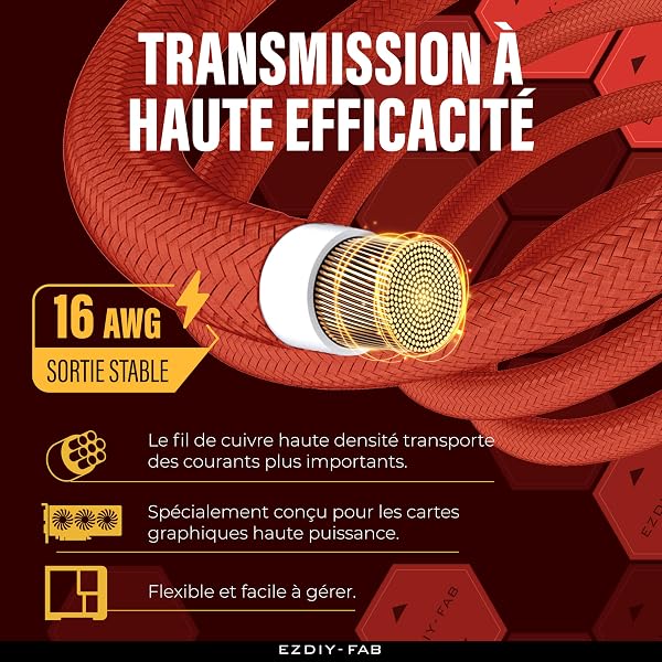 EZDIY-FAB Extension de câble GPU Power Sleeved, connecteur 16pin(12+4) PCIe 5.0 mâle à 3X PCIe 8 broches pour RTX4070Ti Super, 4080 Super, 4090, avec peignes de câble pré-installés -16AWG/ rouge jaune - 3