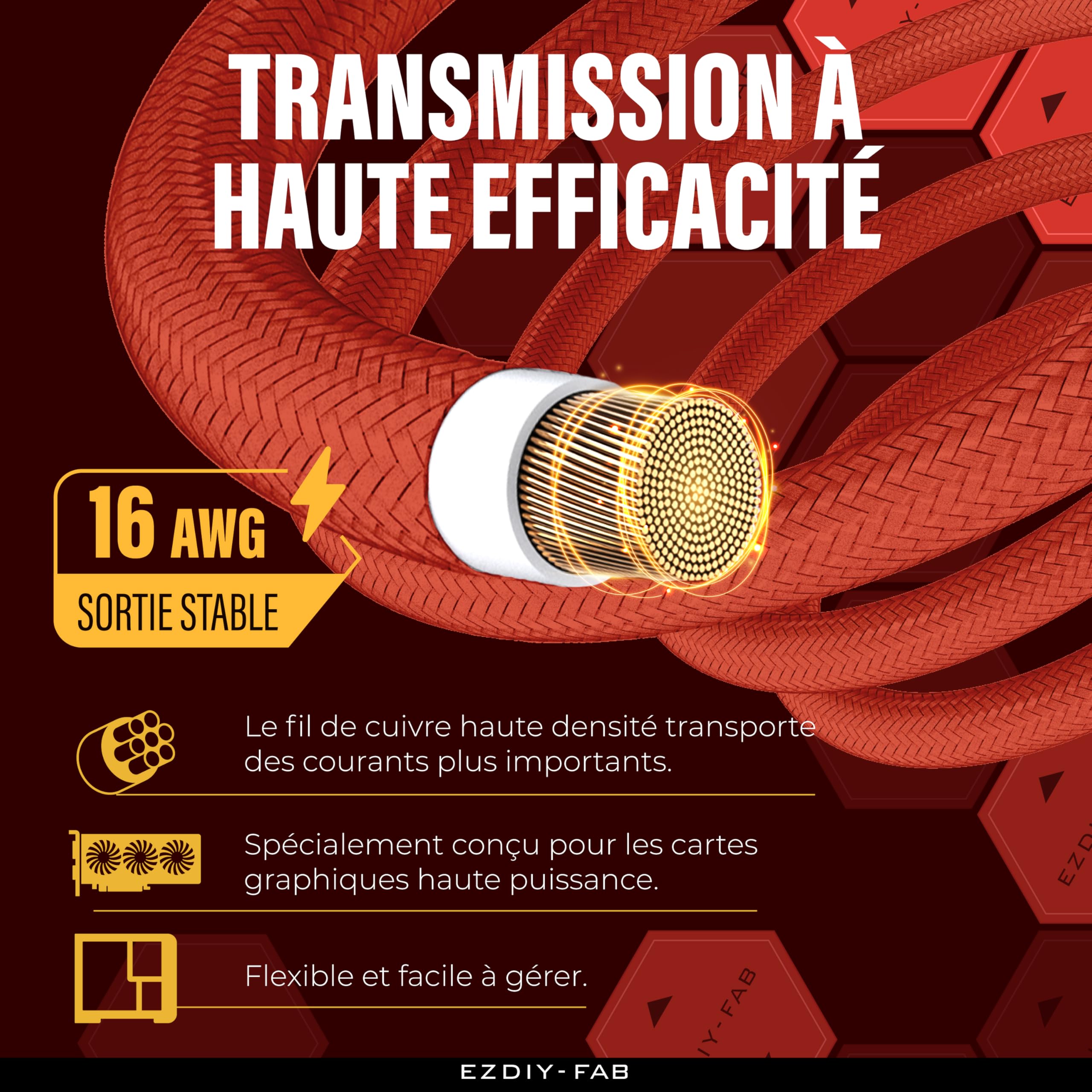 EZDIY-FAB Extension de câble GPU Power Sleeved, connecteur 16pin(12+4) PCIe 5.0 mâle à 3X PCIe 8 broches pour RTX4070Ti Super, 4080 Super, 4090, avec peignes de câble pré-installés -16AWG/ rouge jaune