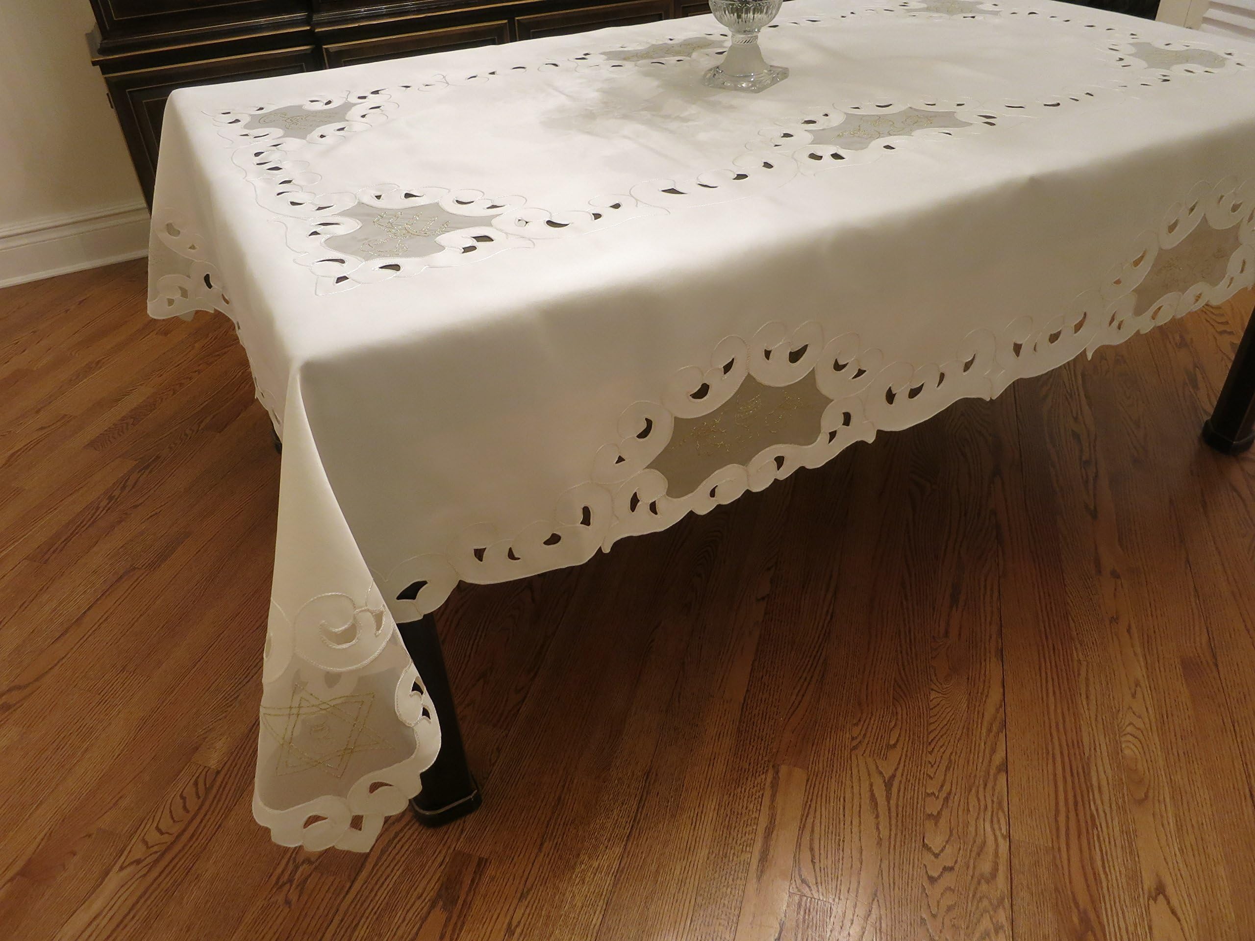 Religious "Star of David" Embroidered Cutwork Tablecloth with Organza Look Inset (Ivory 68" x 120")