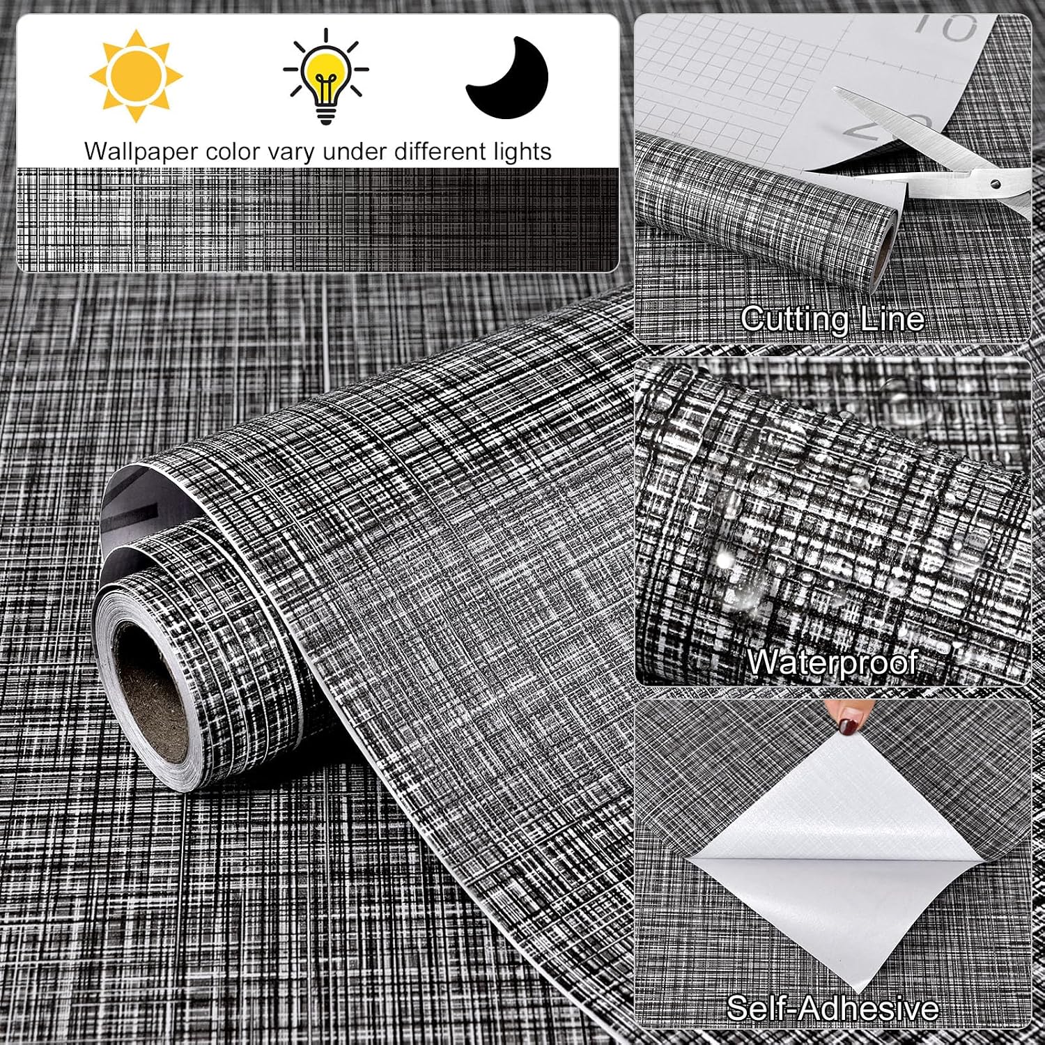 Black Grasscloth Wallpaper 17.3"x 118" Peel and Stick Wallpaper Self-Adhesive Contact Paper Waterproof Vinyl Removable Wall Paper for Children's Room,Bedroom,Cabinets,Living Room,Shelf Liner