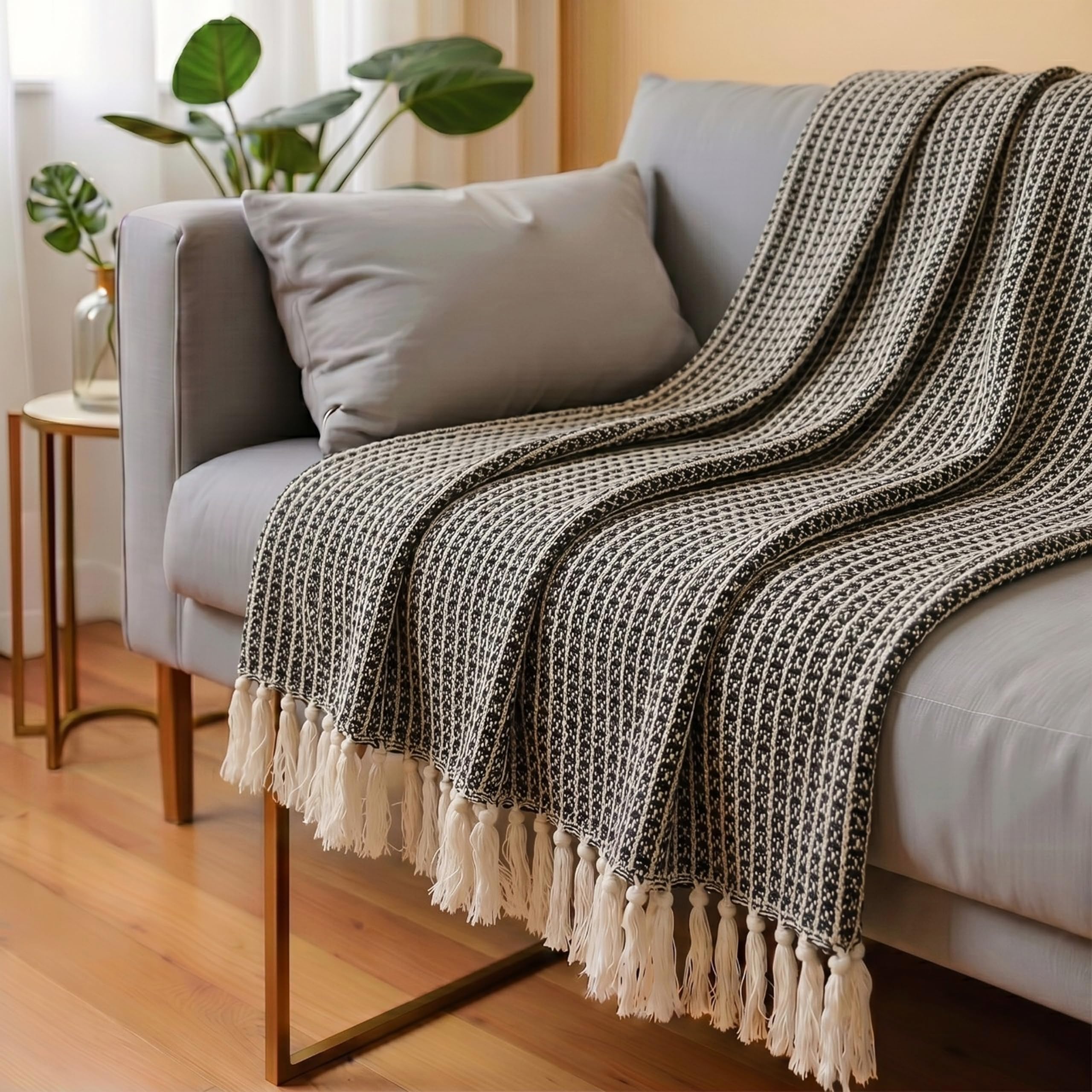 SAJAVAT HOME Hand-Knitted Cotton Sofa Throw | All-Season Throw Blanket for Sofa, Bed, Couch, Chair & Travel | 80×52 Inches (204×132 cm) | with Black Tassels | Pack of 1-image-19