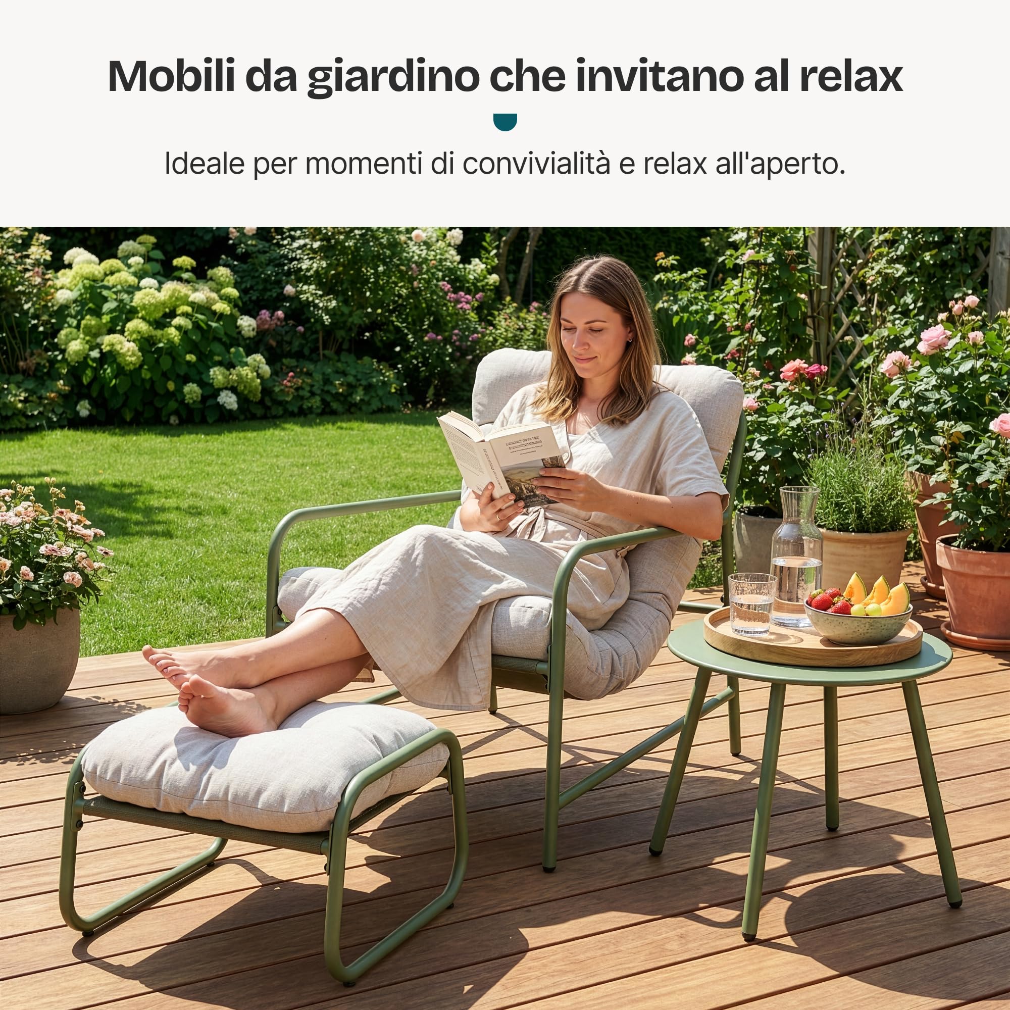 [en.casa] Set di 3 Mobili da Giardino Verde Chiaro/Grigio | Tavolino Rotondo, Poltrona e Poggiapiedi, Con Cuscini Imbottiti, per Balcone Terrazzo Veranda Outdoor, Telaio in Acciaio