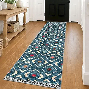 KILOCOCO Hallway Runner Rug 2'x8' Runners for Hallways Soft Washable Runner Rugs Non Slip Printed Low-Pile Runners for Bedroom Kitchen Living Room Laundry Room Boho Rugs, Teal/Blue