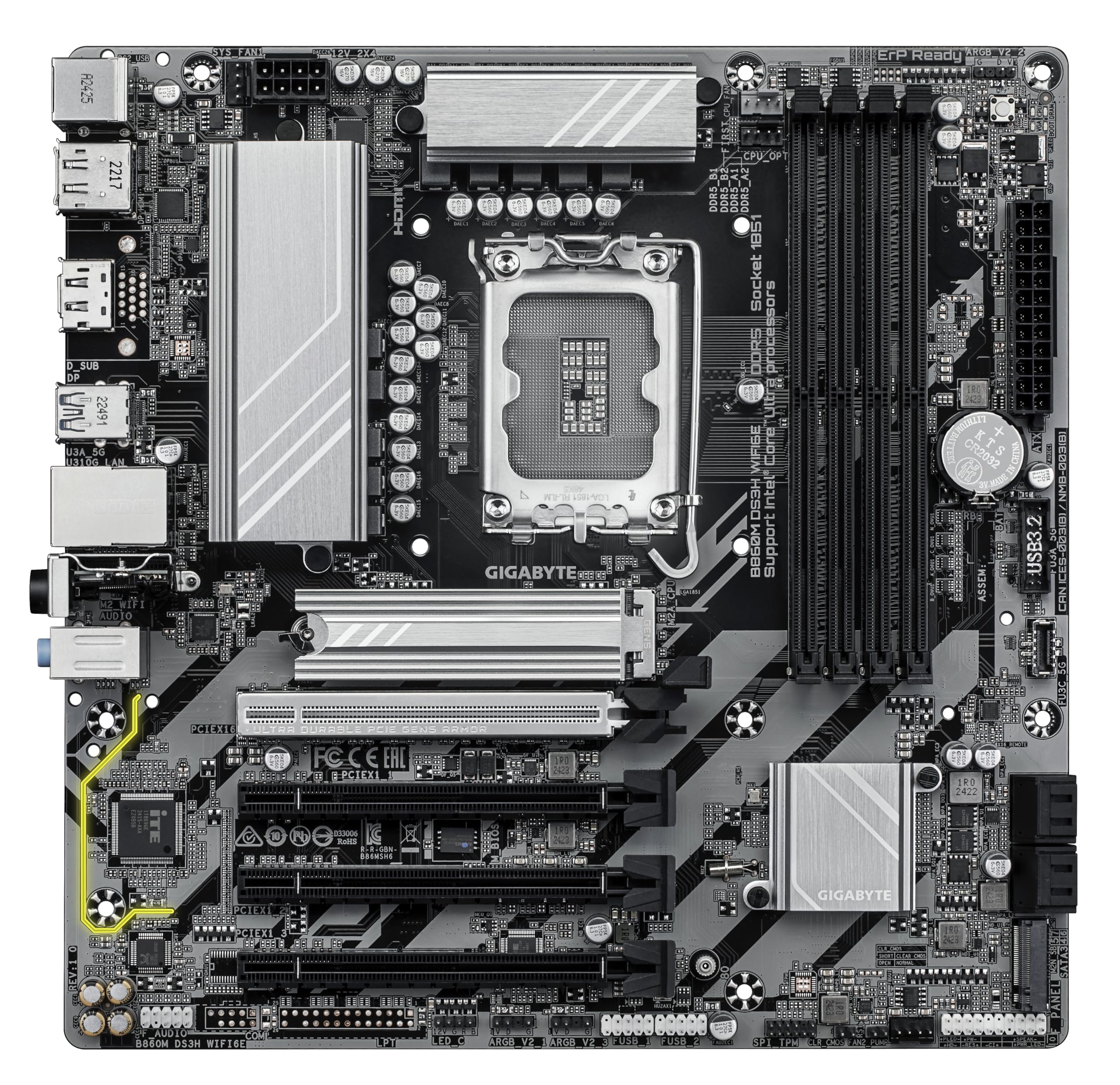 GIGABYTE Płyta główna B860M DS3H WIFI6E - Procesory z serii Intel Core Ultra, 5+1+2+1 fazy VRM, do 9066 MHz DDR5, 1 x PCIe 5.0 + 1 x PCIe 4.0 M.2, 2.5 GbE LAN, WIFI 6E, USB 3.2 Gen 2